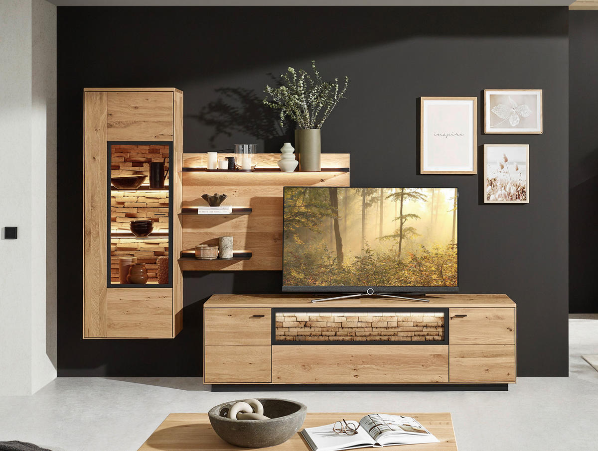 WOHNWAND  in Wildeiche 293,8/207,1/37,1 cm  - Wildeiche/Graphitfarben, Natur, Glas/Holz (293,8/207,1/37,1cm) - Valnatura