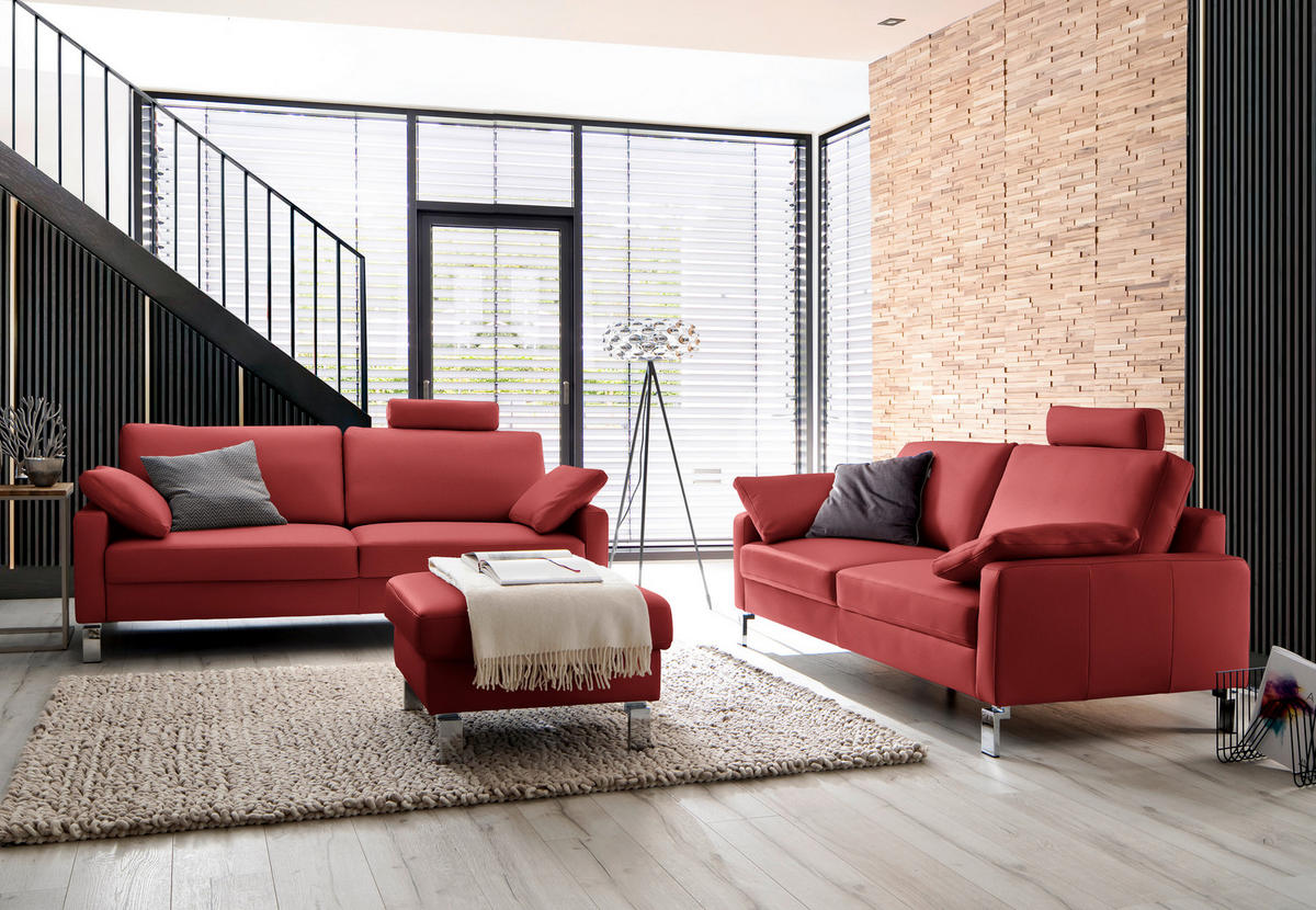 3-SITZER-SOFA in Echtleder Rot  - Chromfarben/Rot, Design, Leder/Metall (204/81/97cm) - Pure Home Lifestyle