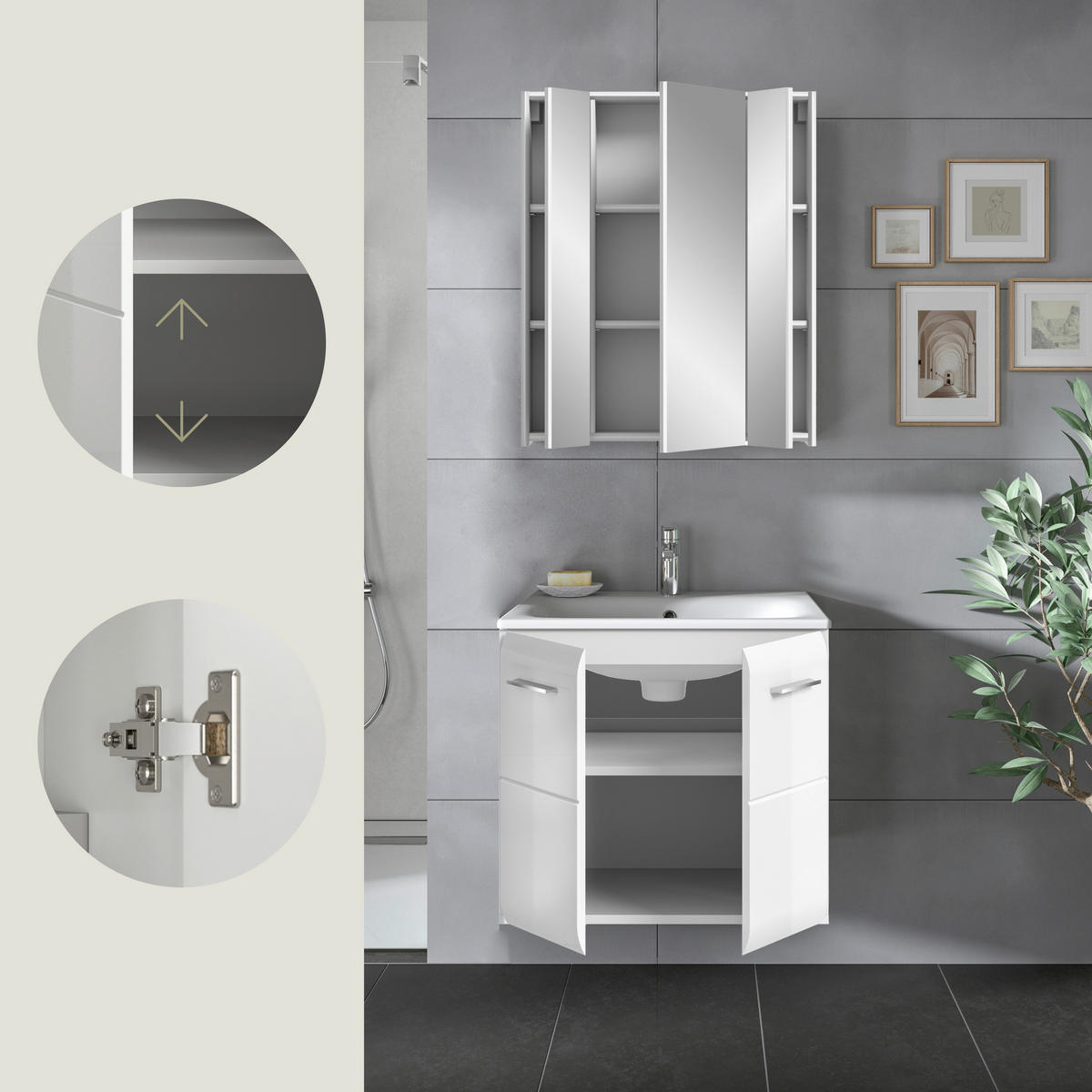 BADEZIMMER 2-teilig 60 cm  - Weiss Hochglanz/Weiss, Modern, Keramik/Holzwerkstoff (60cm) - MID.YOU