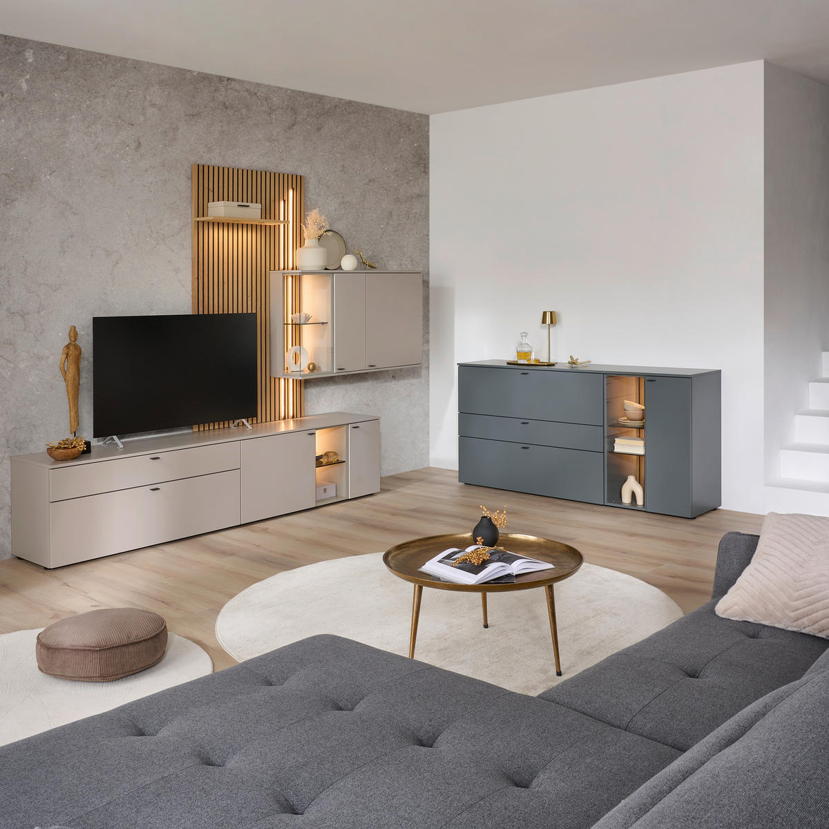 WOHNWAND  Eichefarben, Seidengrau 300/224/43 cm  - Eichefarben/Seidengrau, Design, Glas/Holz (300/224/43cm) - Venjakob