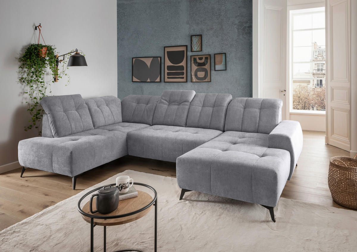 SALON PANORAMIQUE in Mikrofaser Hellgrau  - gris clair/noir, Modern, textile/métal (200/337/180cm) - Livetastic