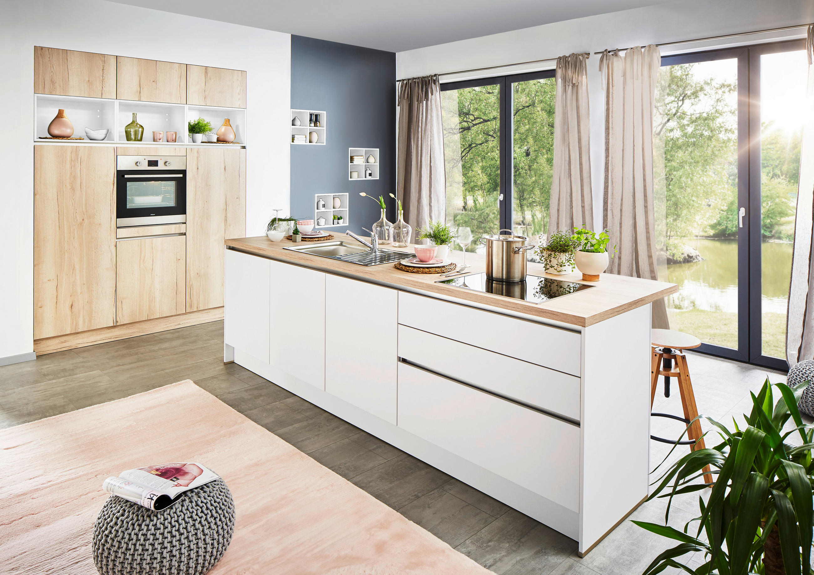 EINBAUKÜCHE UNO  - Eichefarben/Weiß, Design, Holzwerkstoff - Moderano