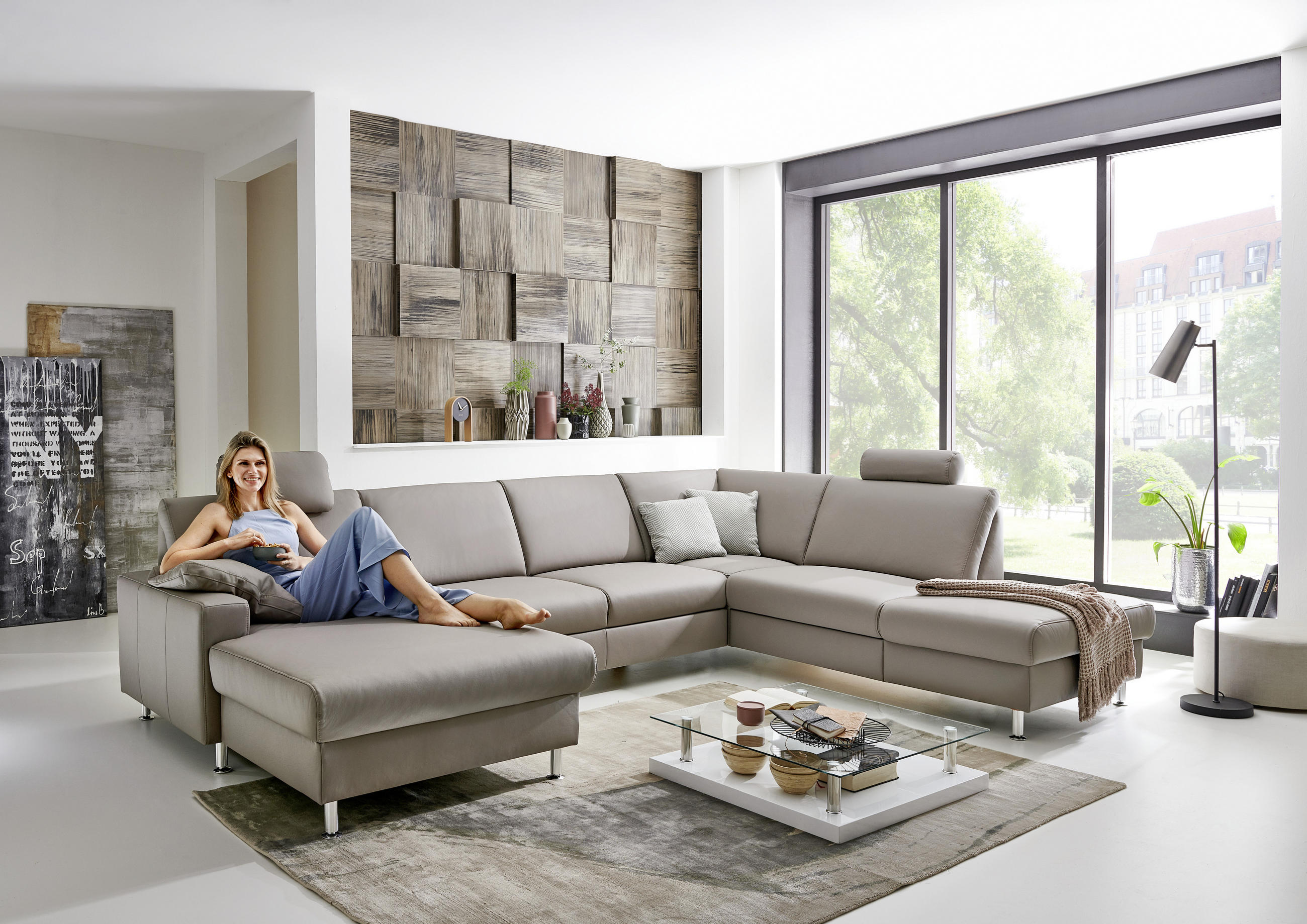WOHNLANDSCHAFT in Echtleder Hellgrau  - Hellgrau/Alufarben, Design, Leder/Metall (165/339/233cm) - Beldomo Premium
