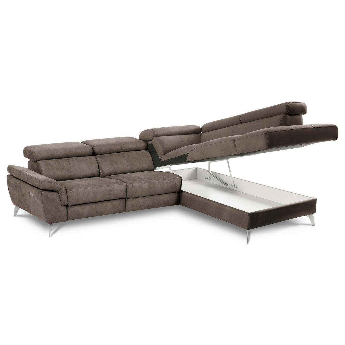 ECKSOFA SONO in Lederlook Braun Bettkasten, Armteilverstellung, Kopfteilverstellung  265/210 cm  - Chromfarben/Braun, Design, Textil/Metall (265/210cm) - Livetastic