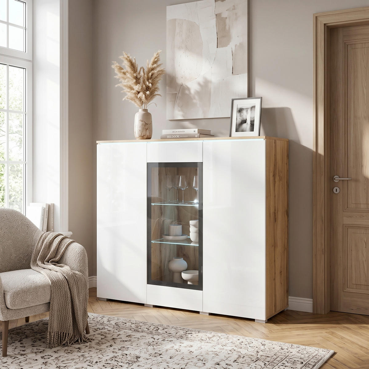 HIGHBOARD Vera 120/103,3/39,5 cm  - Weiß Hochglanz/Eiche Wotan, Trend, Glas/Holzwerkstoff (120/103,3/39,5cm) - P & B
