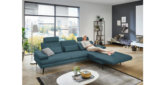 ECKSOFA in Echtleder Blau 310/180 cm - Blau/Schwarz, Design, Leder/Metall (310/180cm) - Dieter Knoll