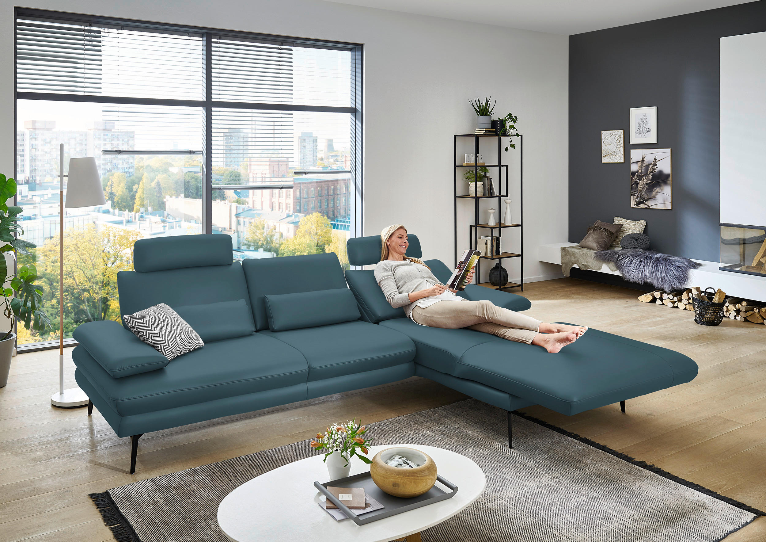 ECKSOFA in Echtleder Blau  - Blau/Schwarz, Design, Leder/Metall (310/180cm) - Dieter Knoll