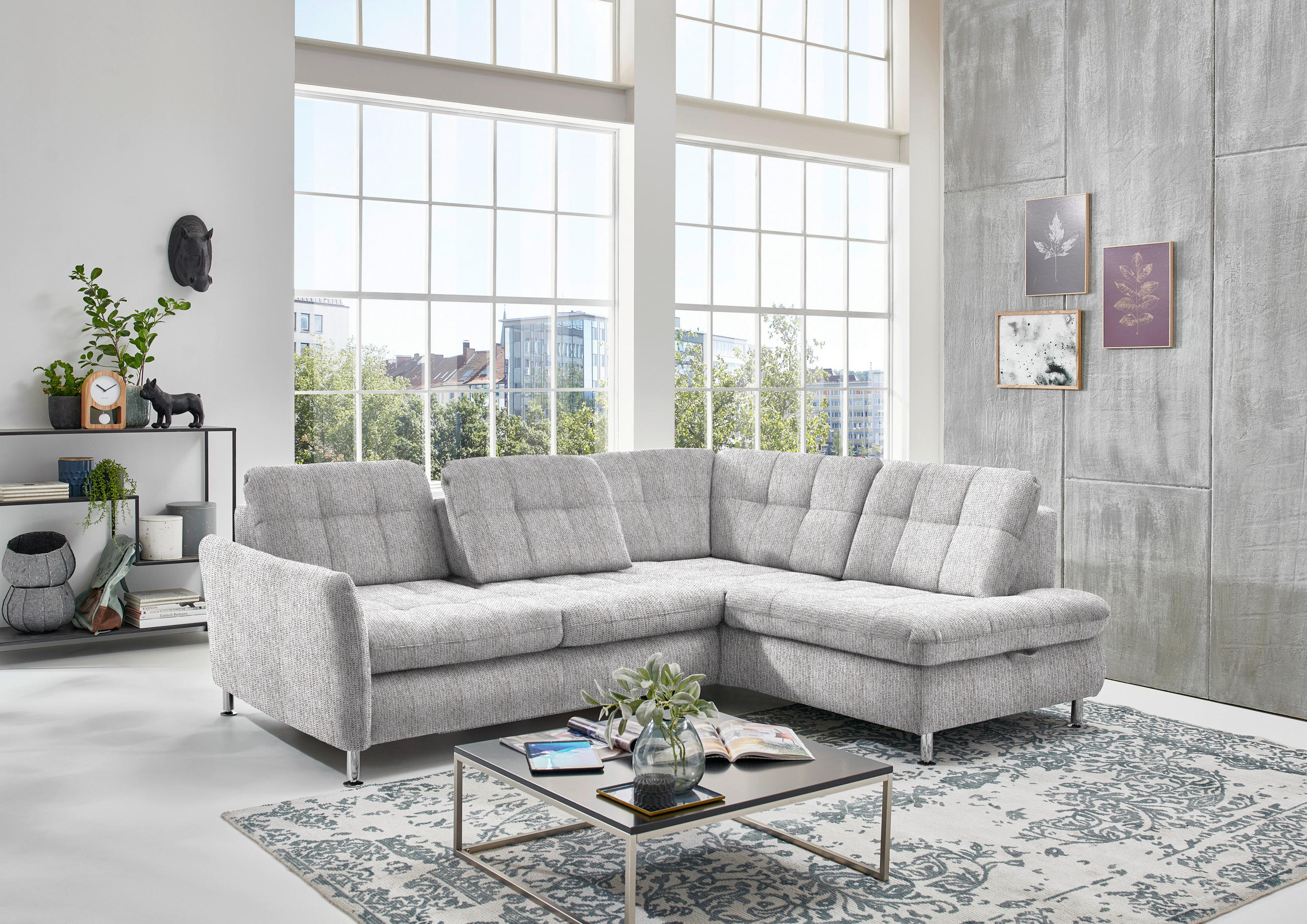 ECKSOFA Hellgrau Webstoff  - Chromfarben/Hellgrau, KONVENTIONELL, Textil/Metall (242/210cm) - Beldomo Style