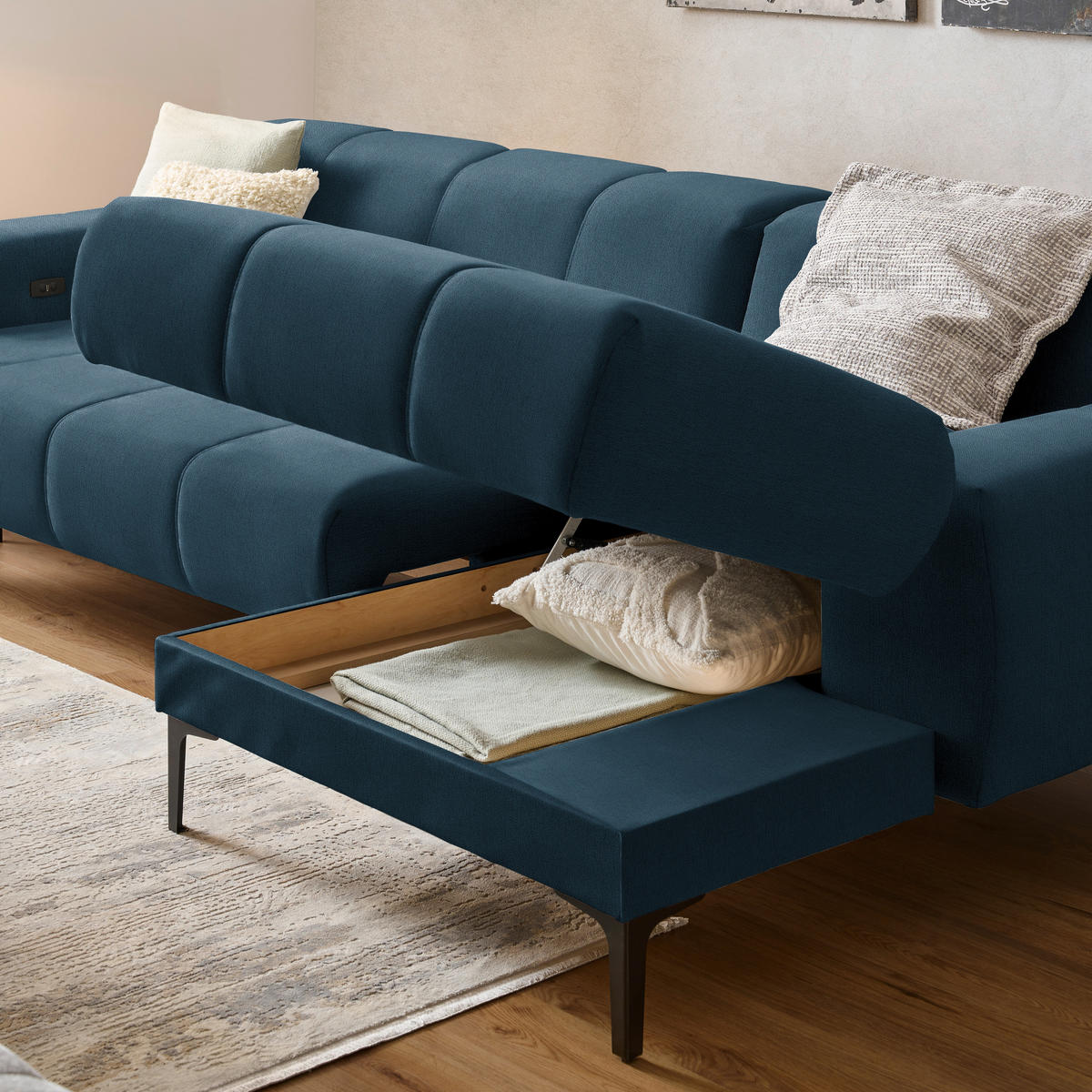 ECKSOFA in Chenille Blau  - Blau/Schwarz, Design, Textil/Metall (311/167cm) - Xora