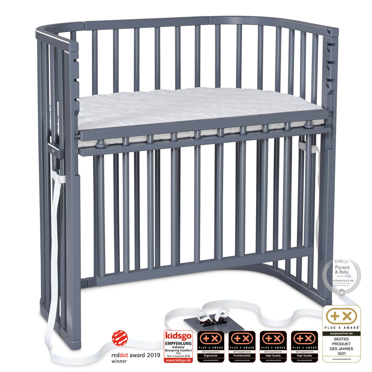 BEISTELLBETT Boxspring Comfort Plus  - Schieferfarben/Grau, Basics, Holz (56,5/96,5/96cm) - Babybay