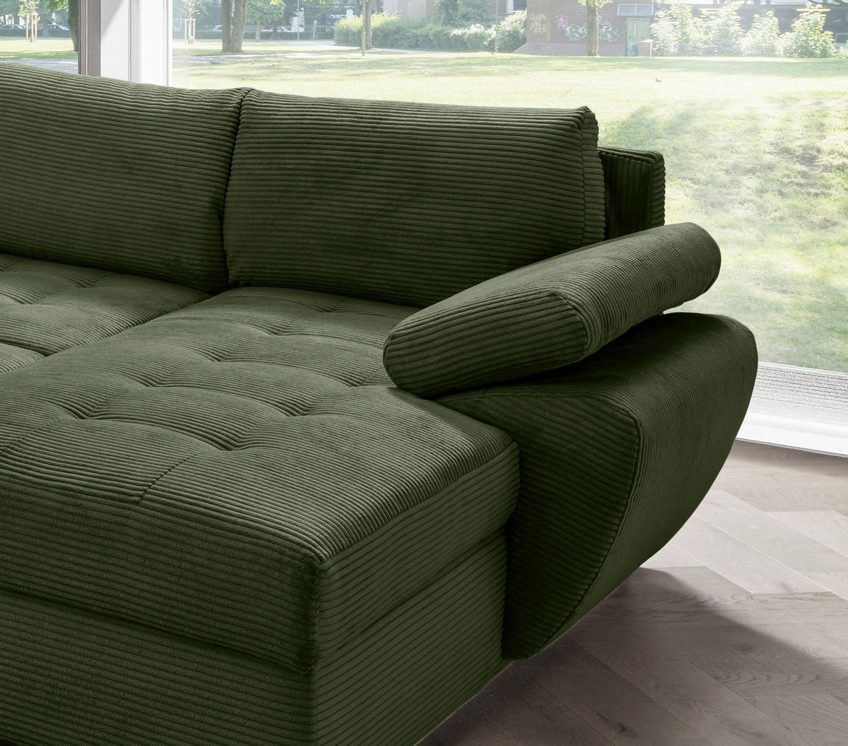 Wohnlandschaft Dunkelgrün Cord  - Chromfarben/Dunkelgrün, KONVENTIONELL, Textil/Metall (219/305/157cm) - Livetastic