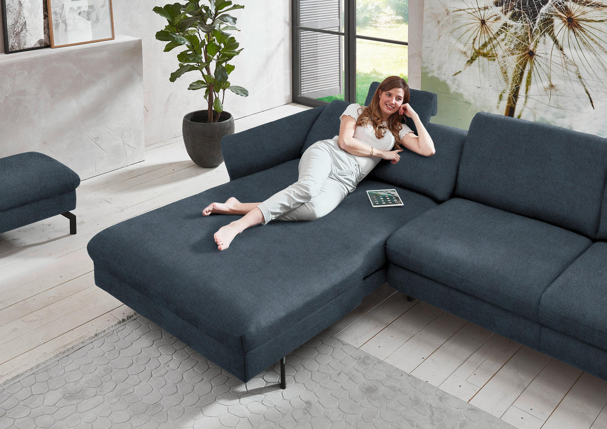 ECKSOFA in Velours Blaugrau  - Blaugrau/Schwarz, Design, Textil/Metall (179/306cm) - Beldomo System