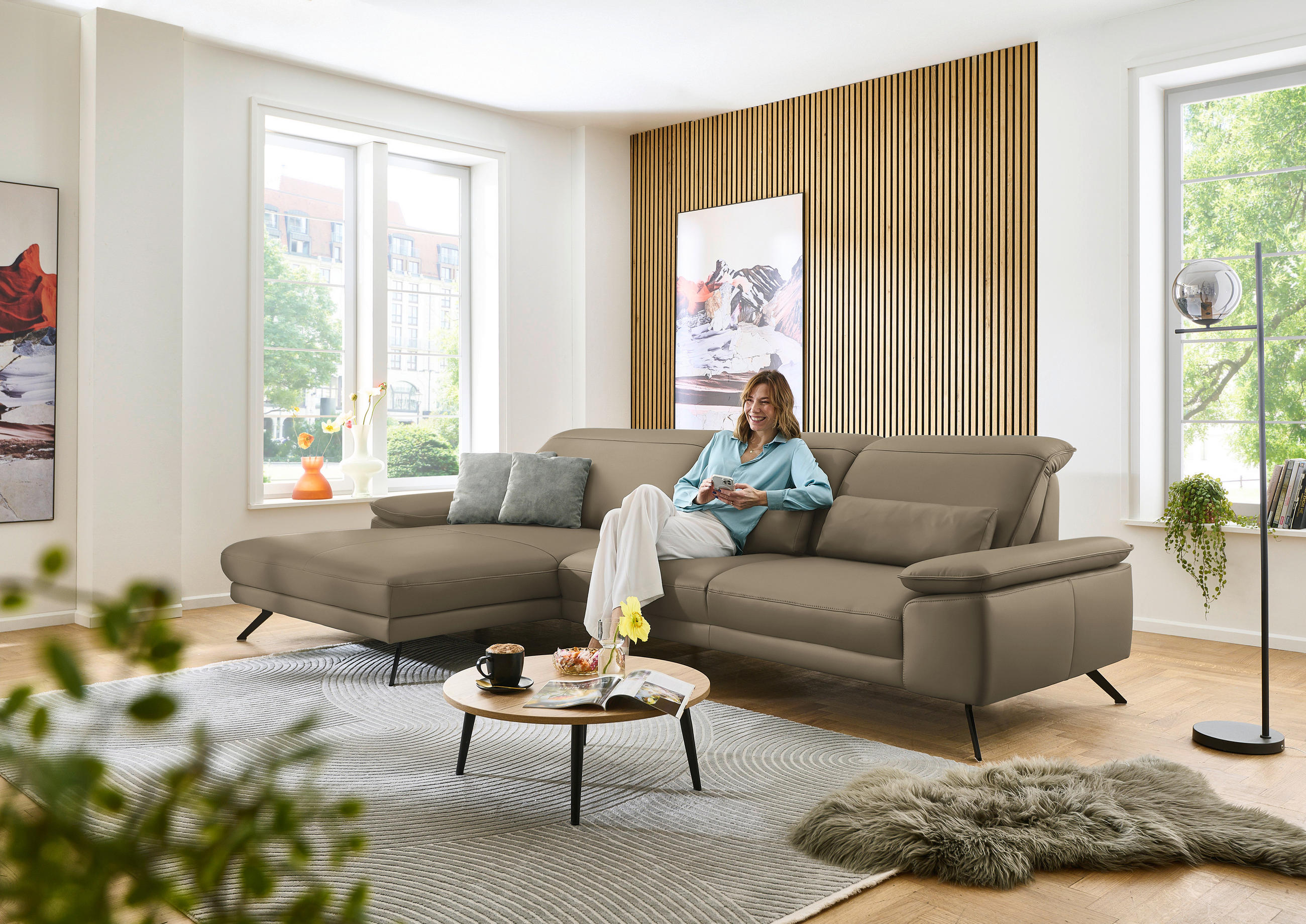 ECKSOFA in Echtleder Hellbraun  - Hellbraun/Schwarz, Design, Leder/Metall (193/332cm) - Dieter Knoll