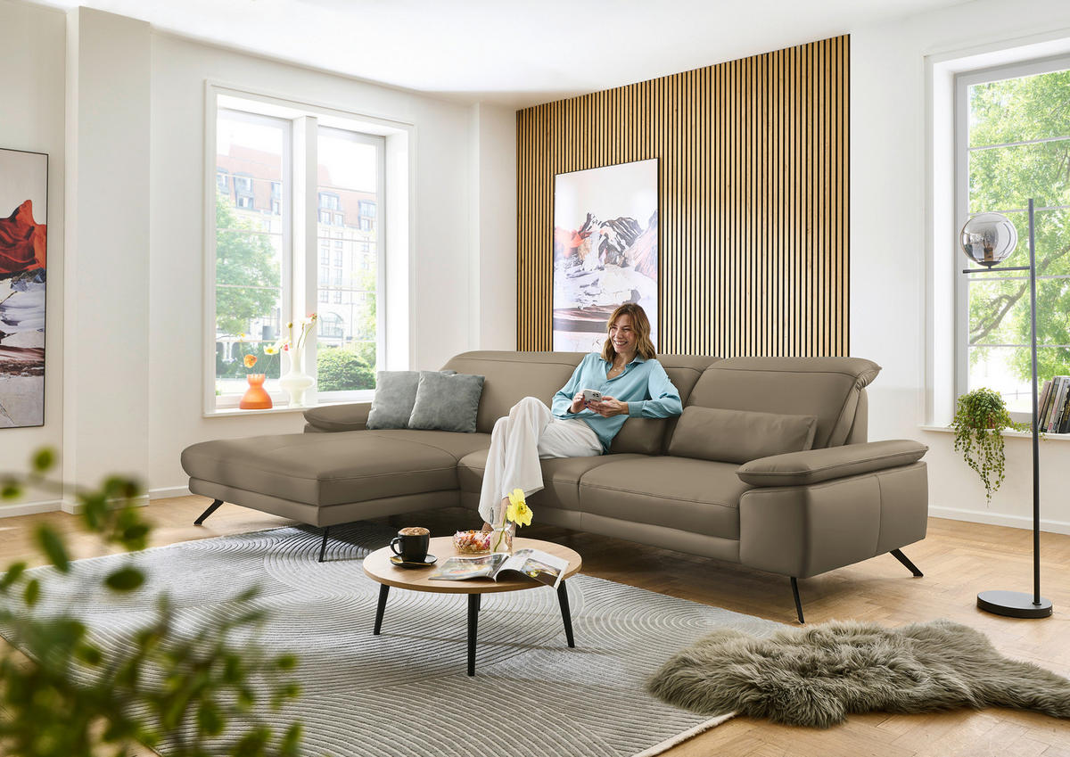 ECKSOFA in Echtleder Hellbraun  - Hellbraun/Schwarz, Design, Leder/Metall (193/332cm) - Dieter Knoll