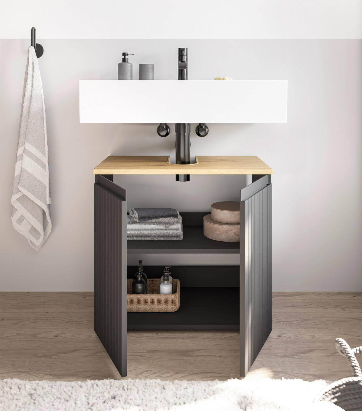 WASCHBECKENUNTERSCHRANK 60/57/36 cm  - Eichefarben/Schwarz, MODERN, Holzwerkstoff/Kunststoff (60/57/36cm) - MID.YOU