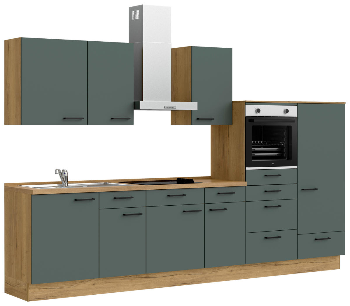 KÜCHENBLOCK 330 cm   in Eichefarben, Dunkelgrün  - Dunkelgrün/Eichefarben, MODERN, Holzwerkstoff/Metall (330cm) - Nobilia