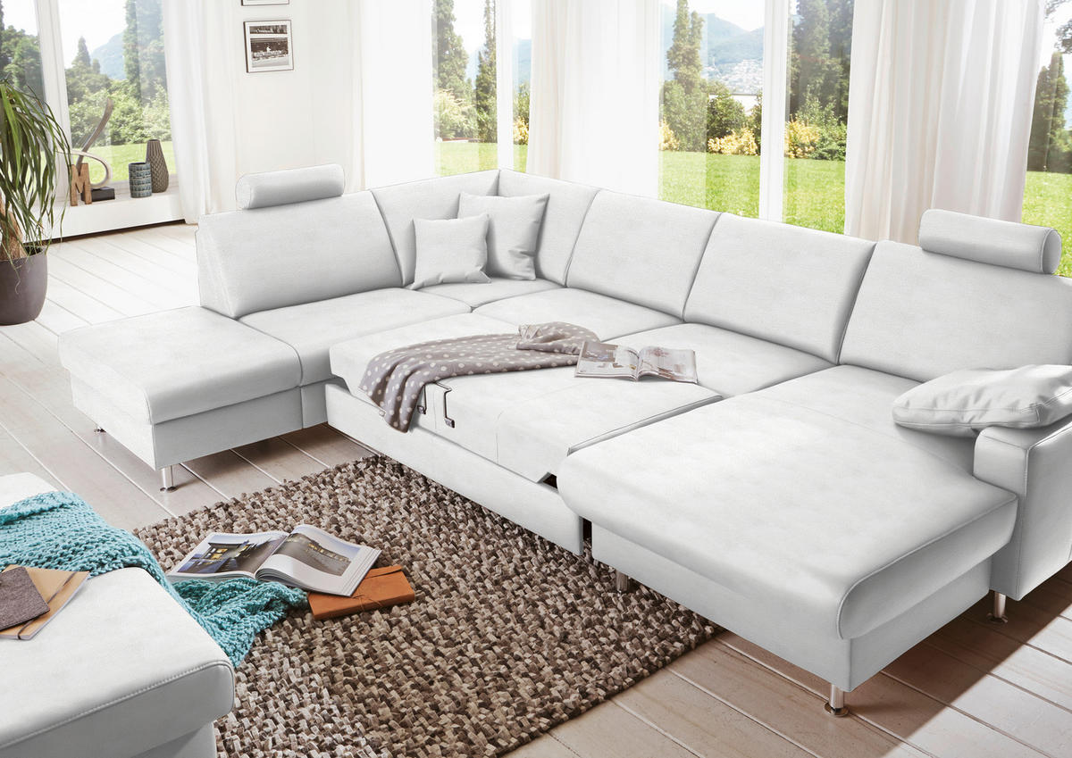 WOHNLANDSCHAFT in Echtleder Weiss  - Weiss/Alufarben, Design, Leder/Metall (233/339/165cm) - Beldomo Premium