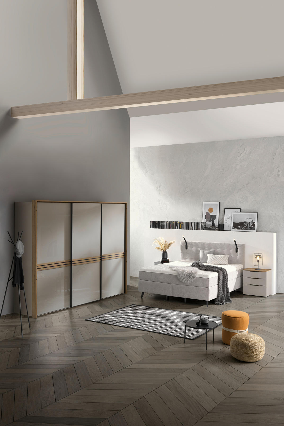 SCHWEBETÜRENSCHRANK in Eiche Artisan, Sandfarben  - Sandfarben/Graphitfarben, Design, Glas/Holzwerkstoff (280/222/68cm) - Moderano