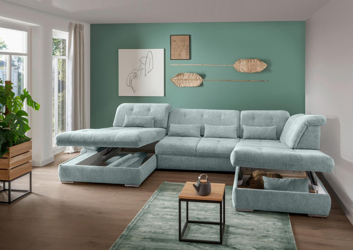 WOHNLANDSCHAFT in Chenille Blau  - Chromfarben/Blau, Design, Textil/Metall (195/376/254cm) - Livetastic