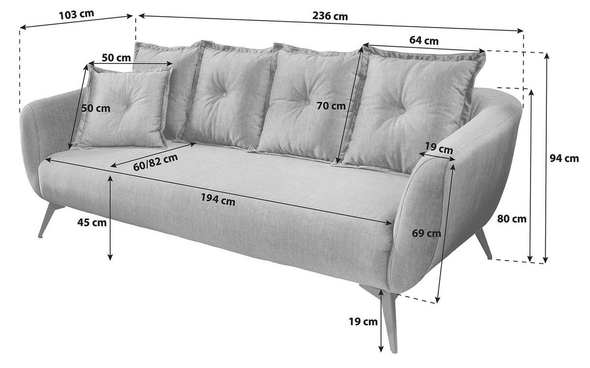 3-SITZER-SOFA in Mikrofaser Graubraun  - Graubraun/Schwarz, MODERN, Textil/Metall (236/94/103cm) - Livetastic