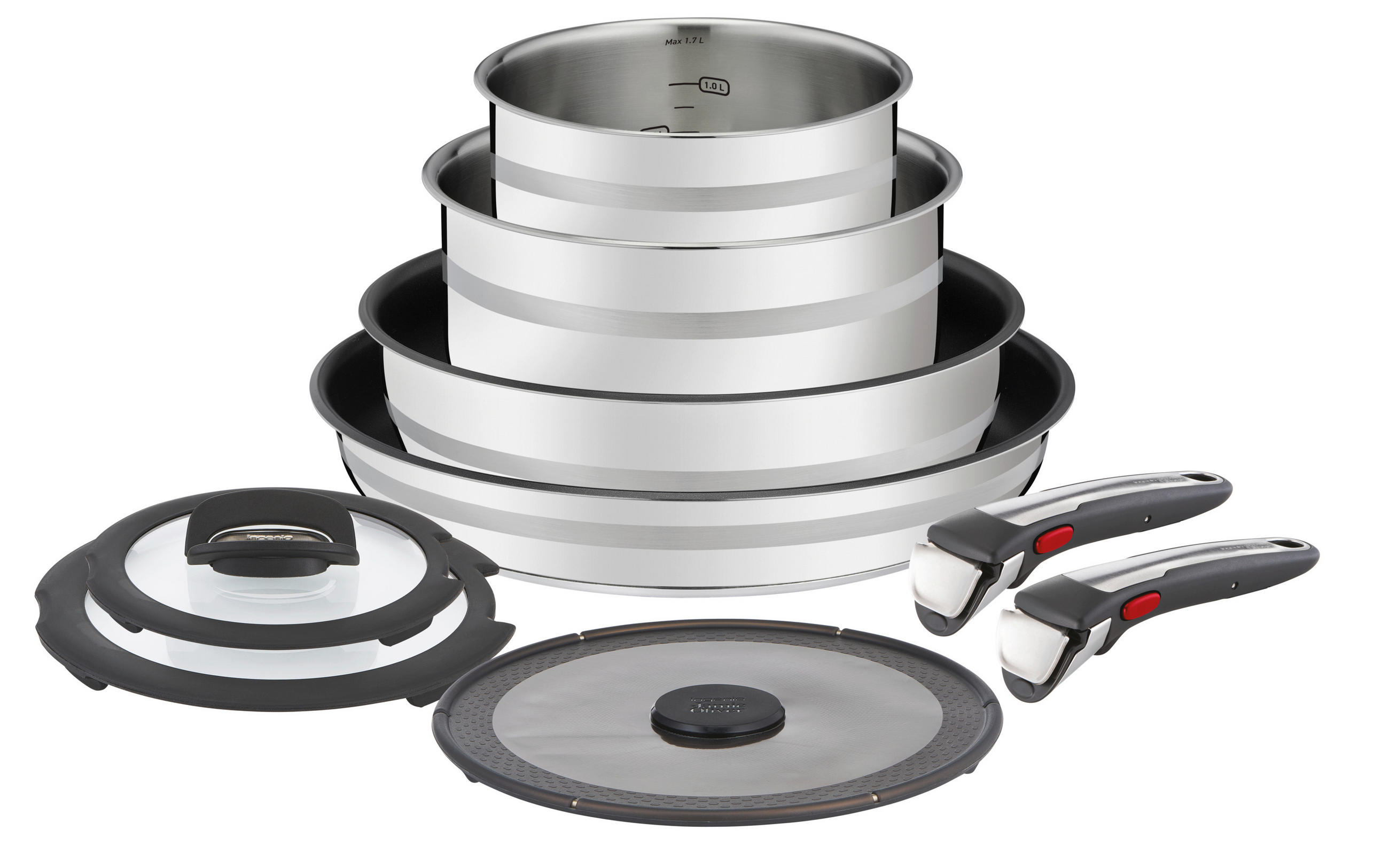 PFANNENSET Jamie Oliver INGENIO G6 9-teilig  - Edelstahlfarben/Schwarz, KONVENTIONELL, Glas/Metall (37/37/19,5cm) - Tefal