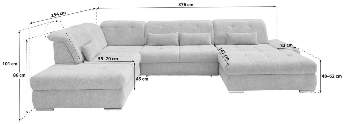 WOHNLANDSCHAFT Dunkelgrün Chenille  - Chromfarben/Dunkelgrün, Design, Textil/Metall (254/376/195cm) - Livetastic