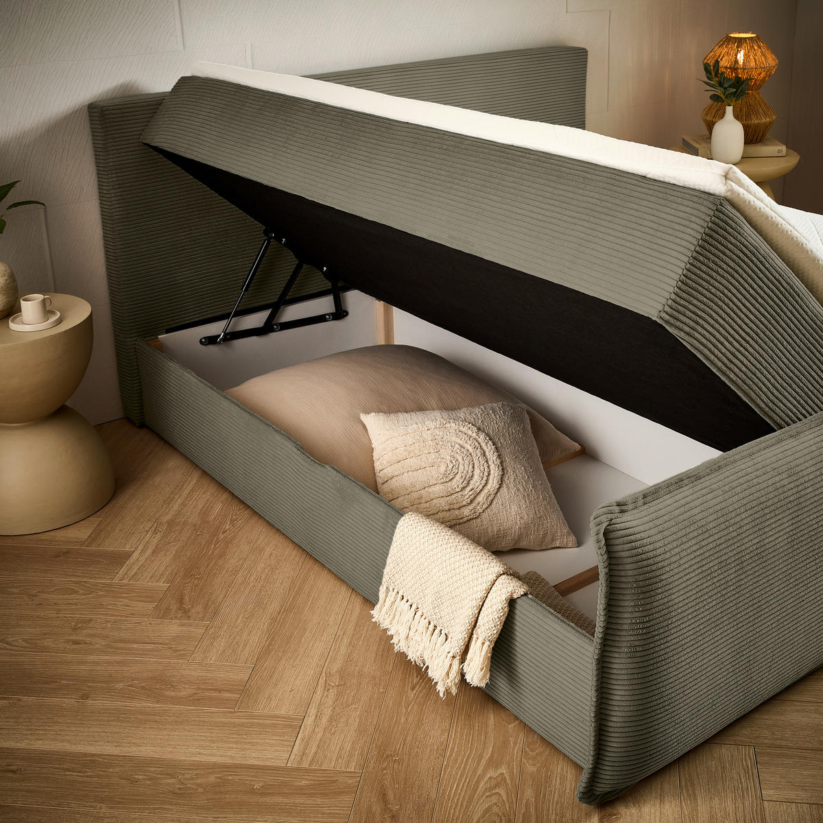 BOXBETT 180/200 cm,  in Waldgrün, Kissen, Bettkasten, Topper, H3 + H3 = fest  - Waldgrün/Schwarz, Design, Kunststoff/Textil (180/200cm) - Chameo