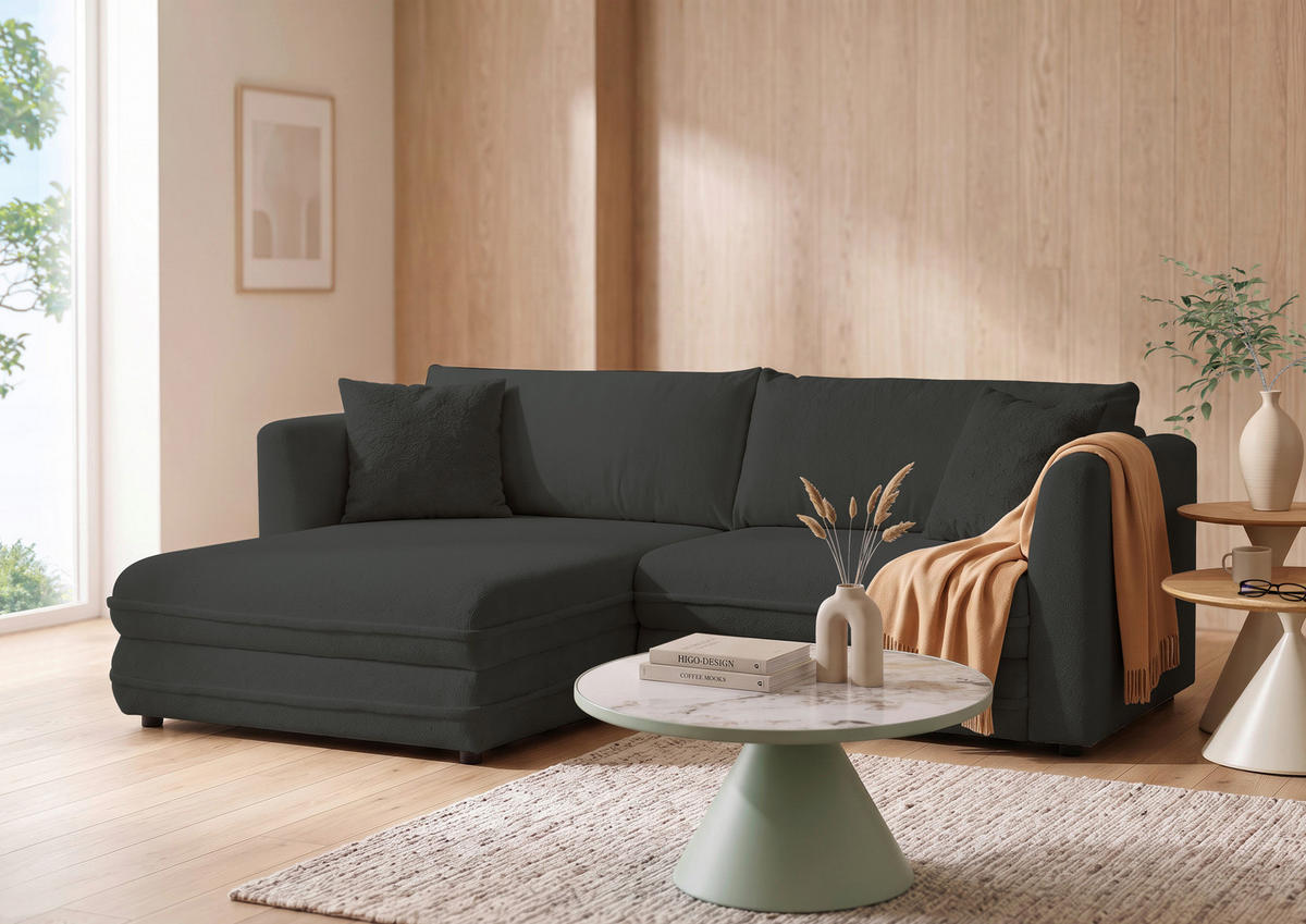 ECKSOFA Anthrazit Plüsch Zierkissen, Rückenkissen, Bettkasten, Schlaffunktion, Rücken echt, Liegefläche im Originalstoff  - Anthrazit/Beige, MODERN, Kunststoff/Textil (246/178cm) - Carryhome