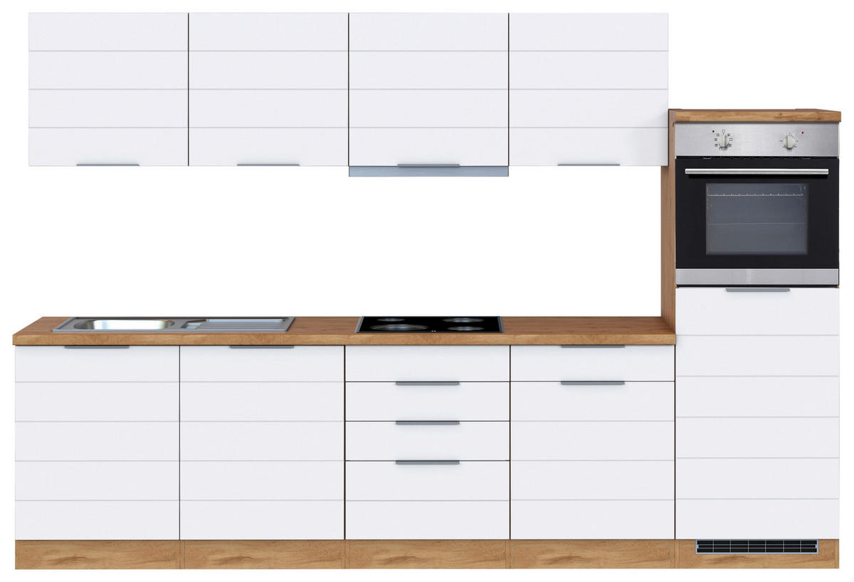 KÜCHENBLOCK 300 cm   in Eiche Wotan, Weiss  - Weiss/Eiche Wotan, Design, Holzwerkstoff/Metall (300cm) - Held