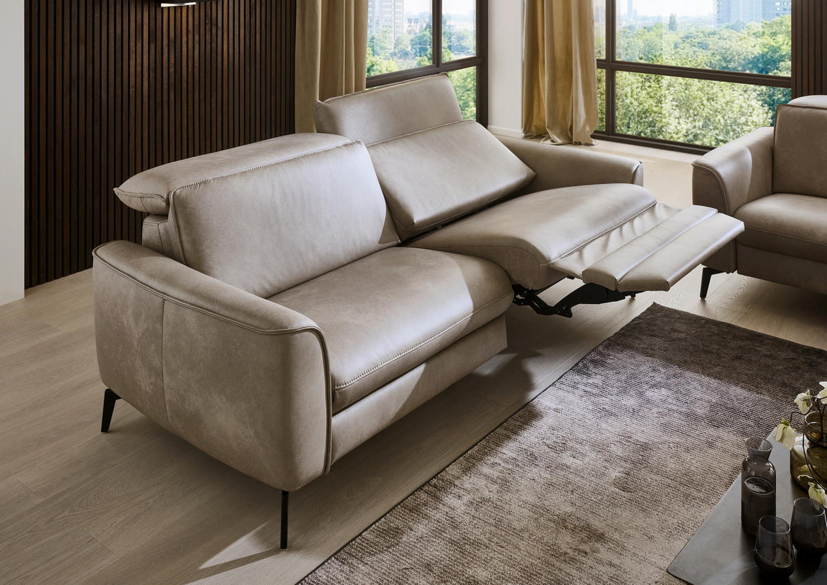 3-SITZER-SOFA in Echtleder Graubraun  - Graubraun/Schwarz, Natur, Leder/Metall (222/81/110cm) - Valdera