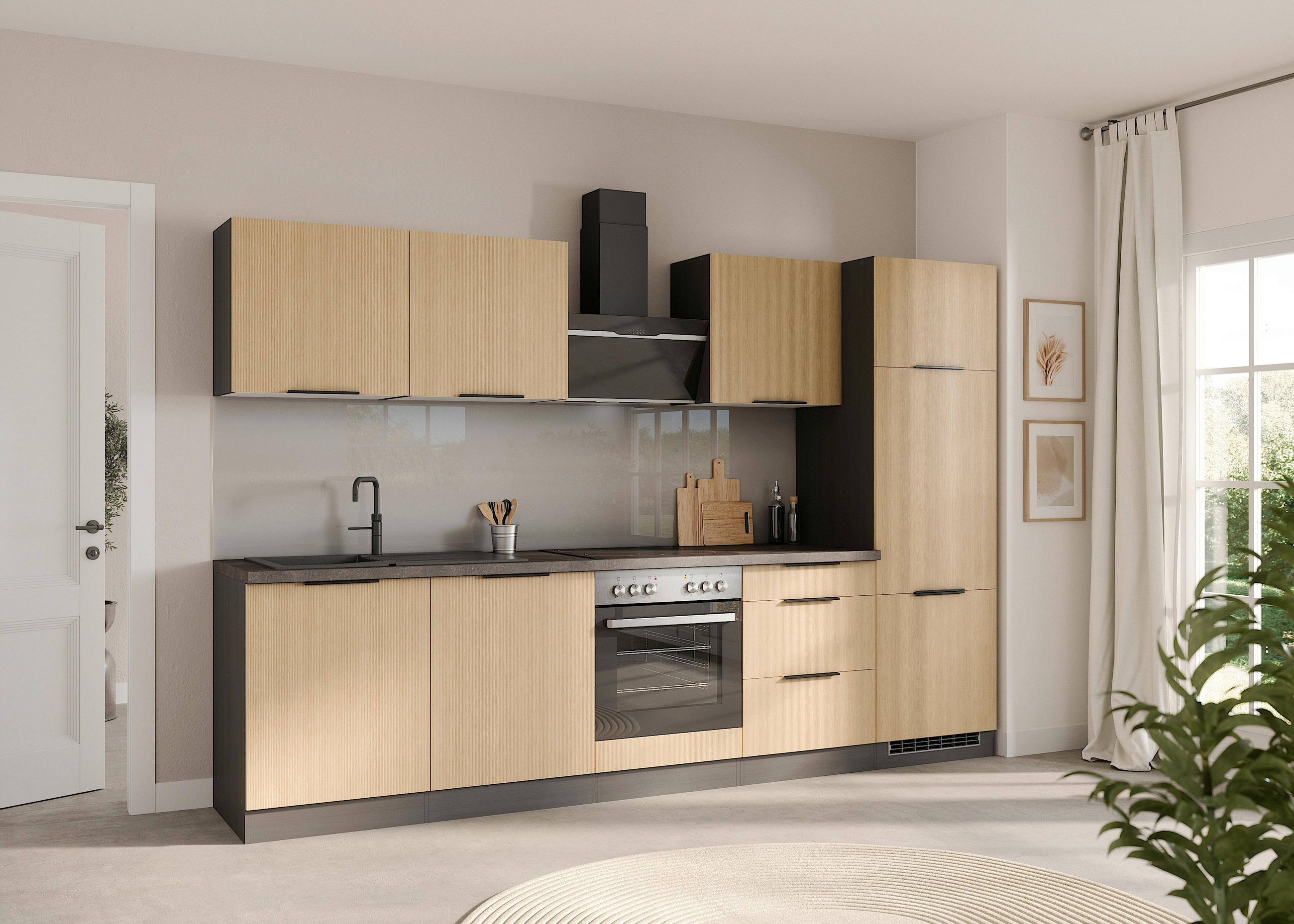 KÜCHENBLOCK 300 cm   in Graphitfarben, Eichefarben  - Eichefarben/Schwarz, LIFESTYLE, Holzwerkstoff/Metall (300cm) - Held