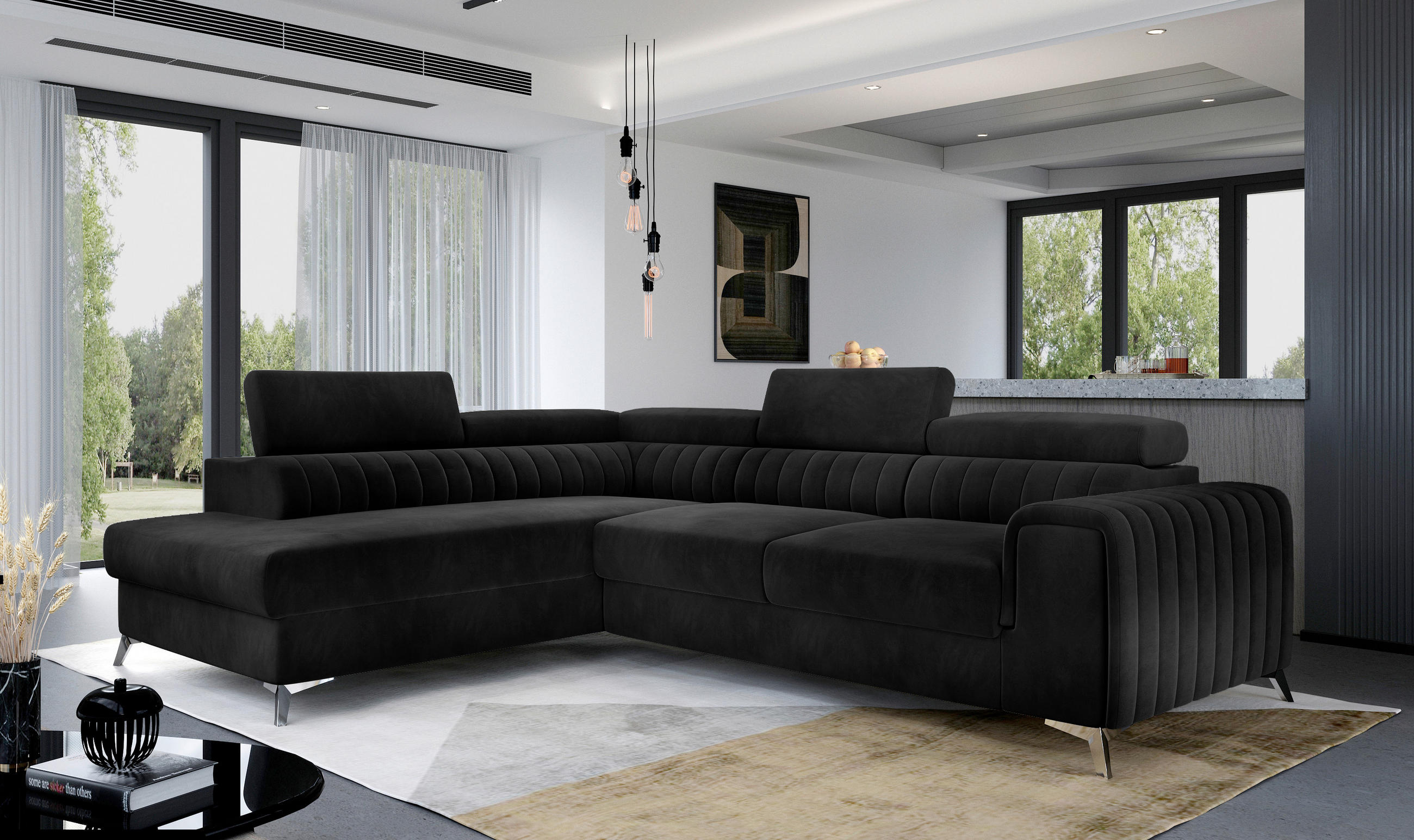 ECKSOFA  Schwarz Samt  - Silberfarben/Schwarz, Design, Textil/Metall (205/278cm) - MID.YOU