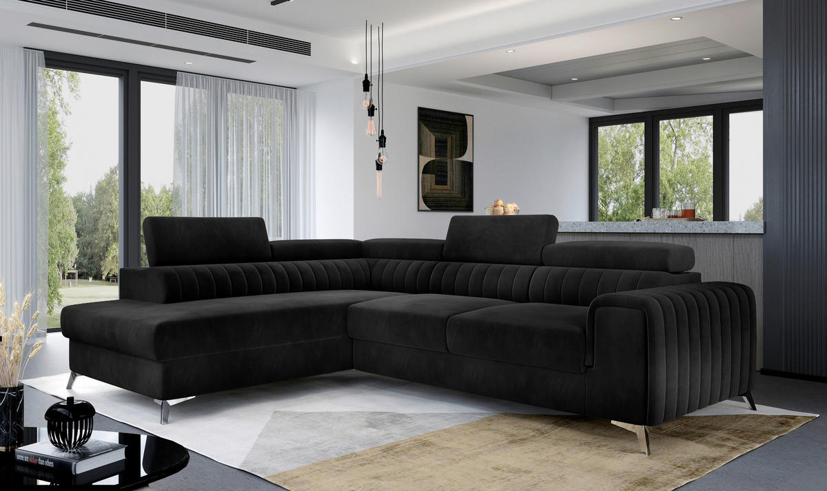 ECKSOFA  Schwarz Samt  - Silberfarben/Schwarz, Design, Textil/Metall (205/278cm) - MID.YOU