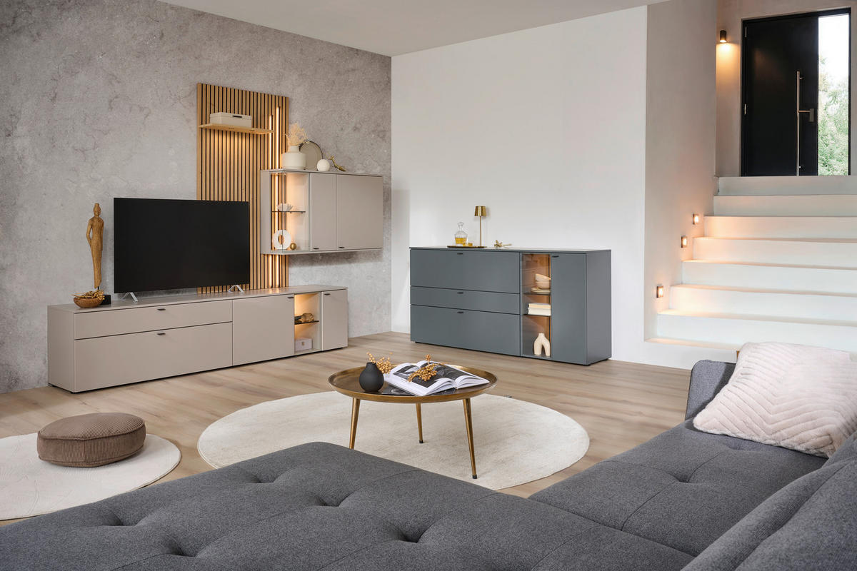 WOHNWAND  Eichefarben, Seidengrau 300/224/43 cm  - Eichefarben/Seidengrau, Design, Glas/Holz (300/224/43cm) - Venjakob