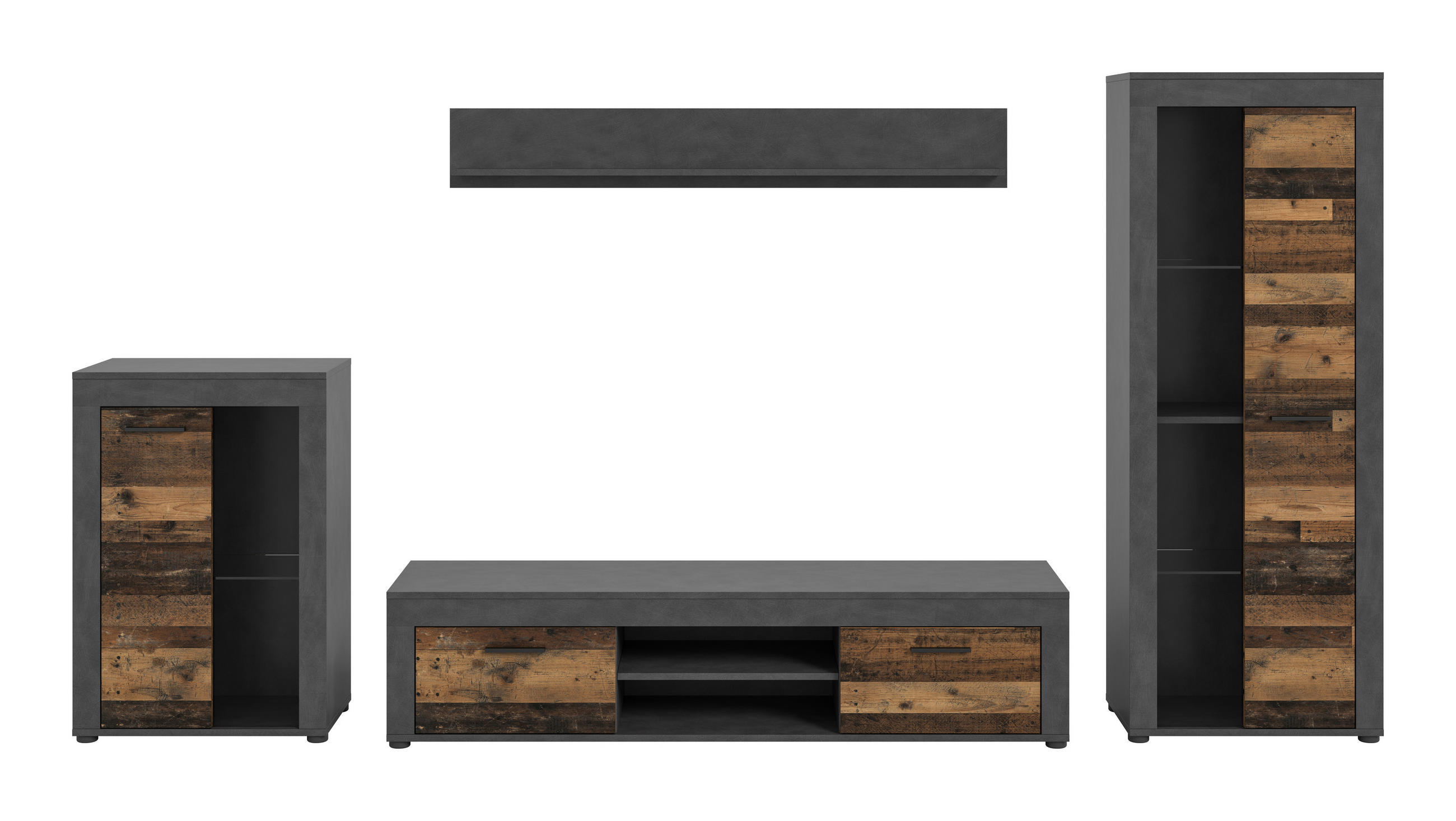 WOHNWAND 4-teilig  in Grau, Naturfarben  310/169/35 cm  - Schwarz/Naturfarben, Design, Glas/Holzwerkstoff (310/169/35cm) - MID.YOU