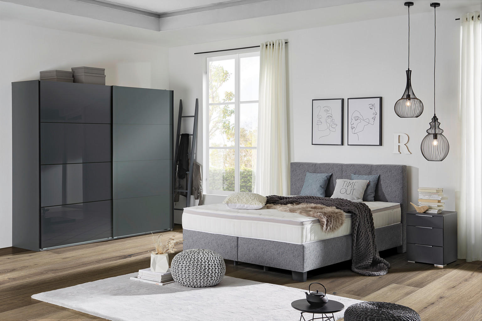 BOXSPRINGBETT 160/200 cm in Platinfarben - Einrichtungsbeispiel