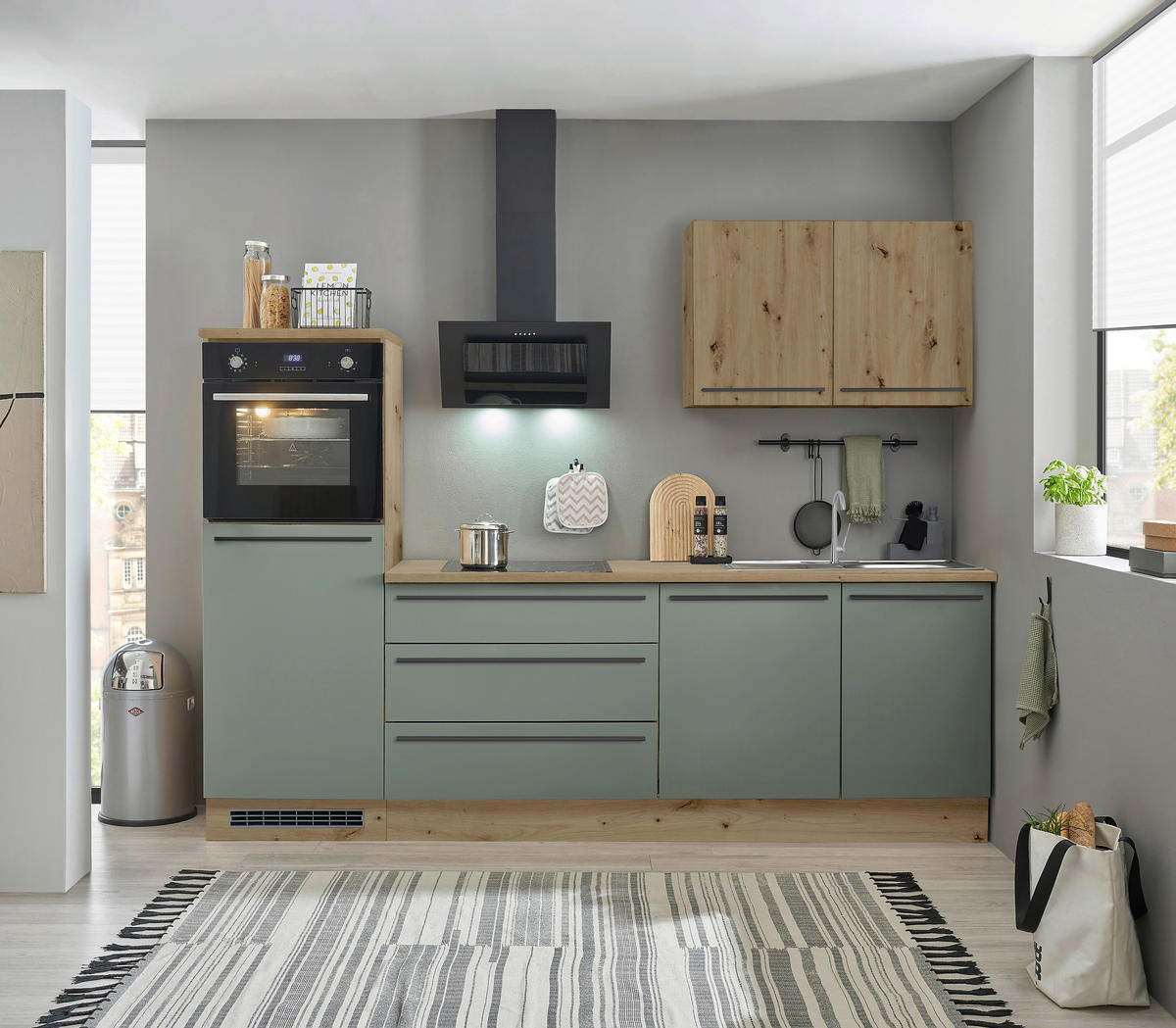 KÜCHENBLOCK 260 cm   in Grün, Eiche Artisan  - Schwarz/Eiche Artisan, Basics, Holzwerkstoff/Kunststoff (260cm) - MID.YOU
