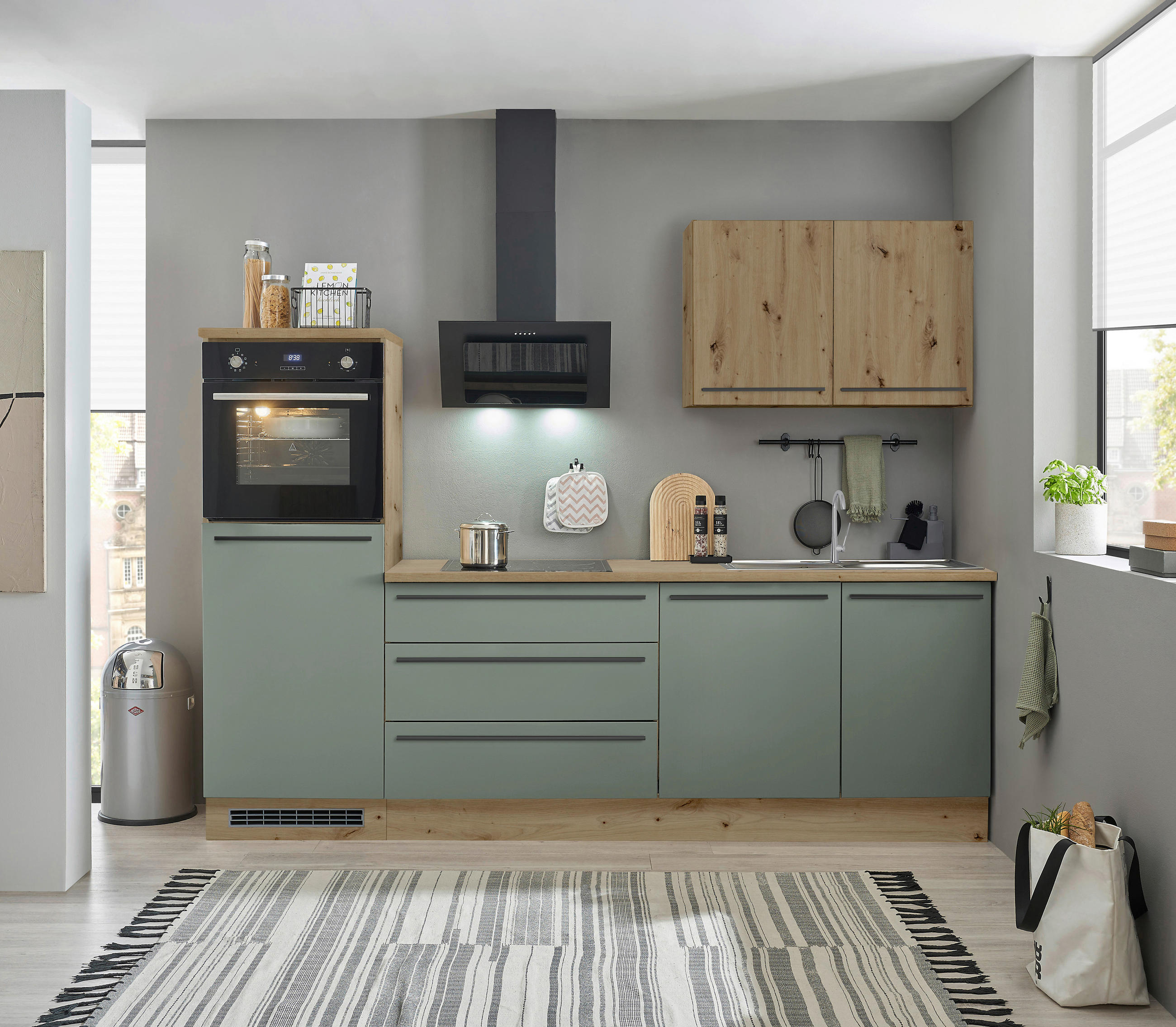 P & B Küchenblock Toulouse Grün, Eiche Artisan 260 cm