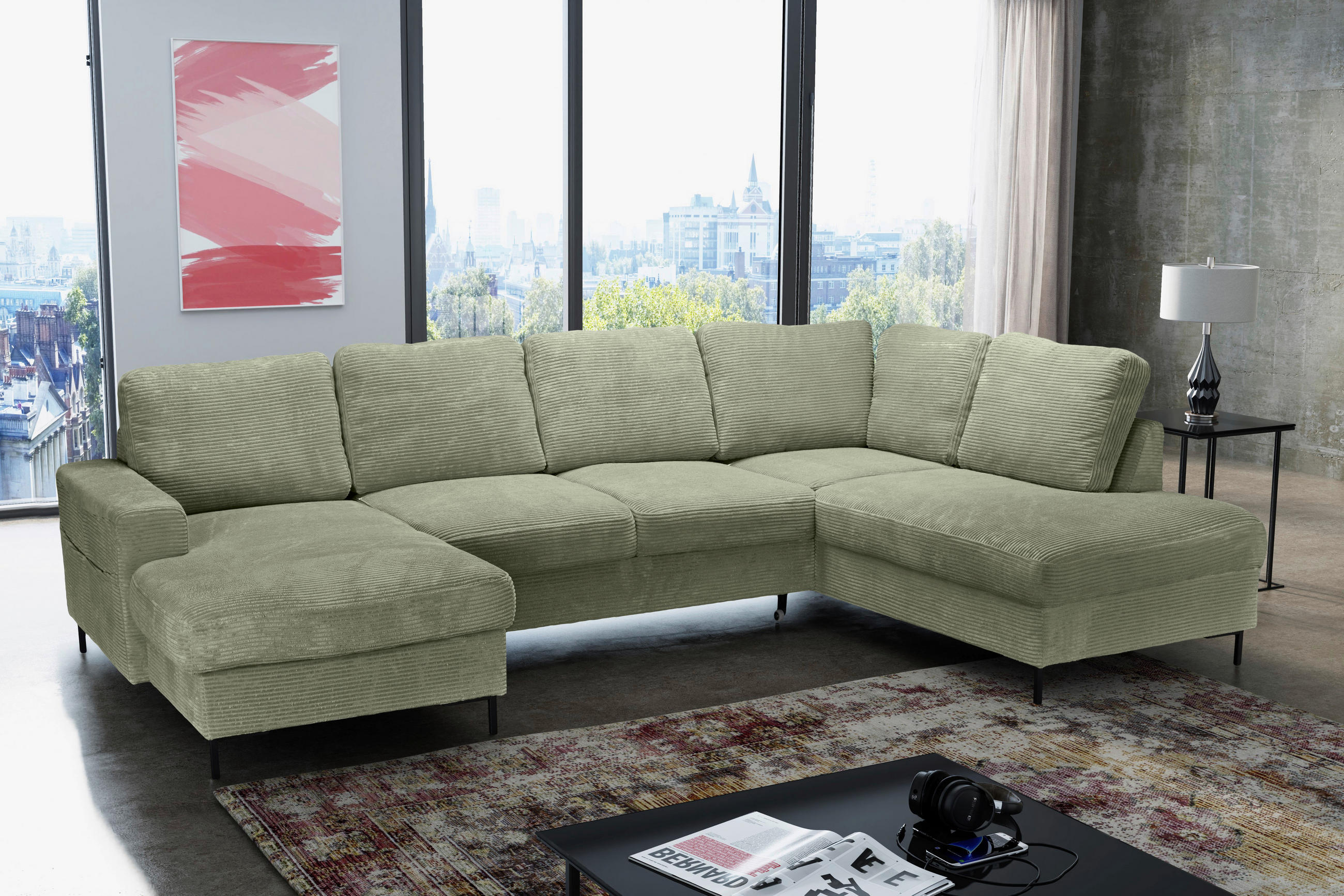 WOHNLANDSCHAFT Olivgrün Cord  - Schwarz/Olivgrün, KONVENTIONELL, Textil/Metall (148/303/197cm) - Carryhome