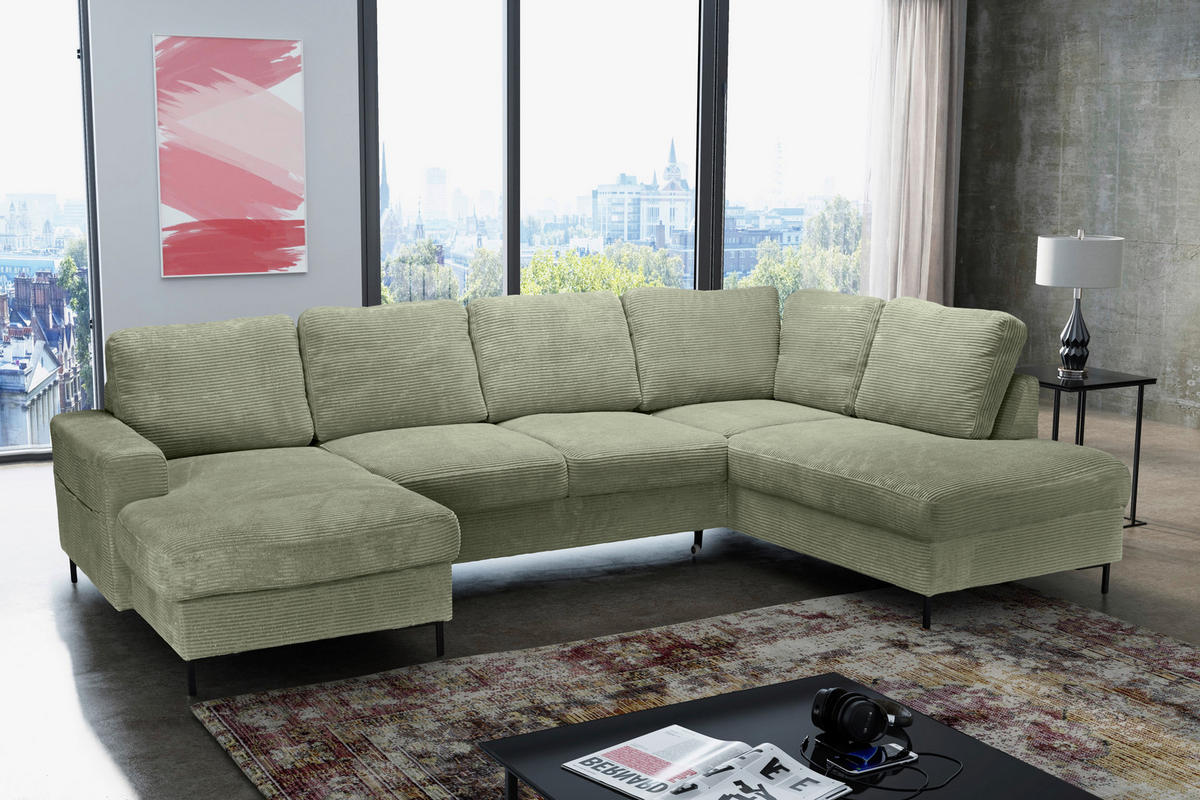 WOHNLANDSCHAFT Olivgrün Cord  - Schwarz/Olivgrün, KONVENTIONELL, Textil/Metall (148/303/197cm) - Carryhome