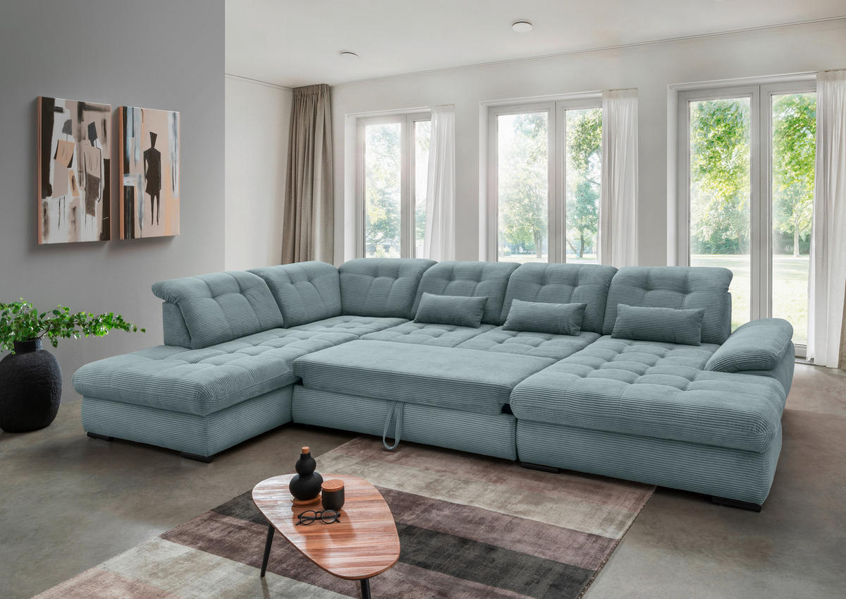 SALON PANORAMIQUE in Cord Hellblau  - bleu clair/noir, Modern, textile/métal (252/387/184cm) - Livetastic
