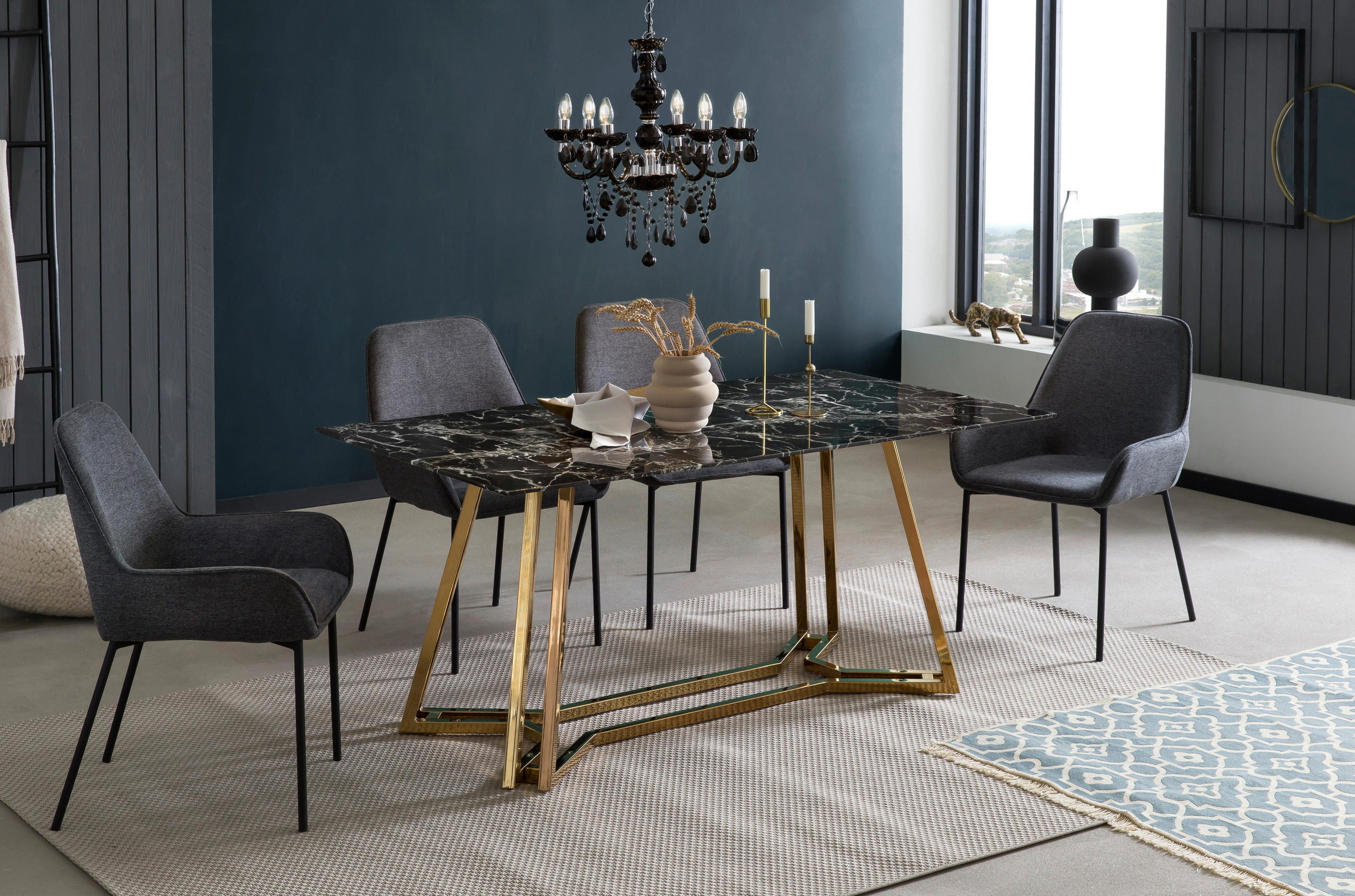 ESSTISCH in Glas 160/90/76 cm  - Goldfarben/Schwarz, MODERN, Glas/Metall (160/90/76cm) - Livetastic
