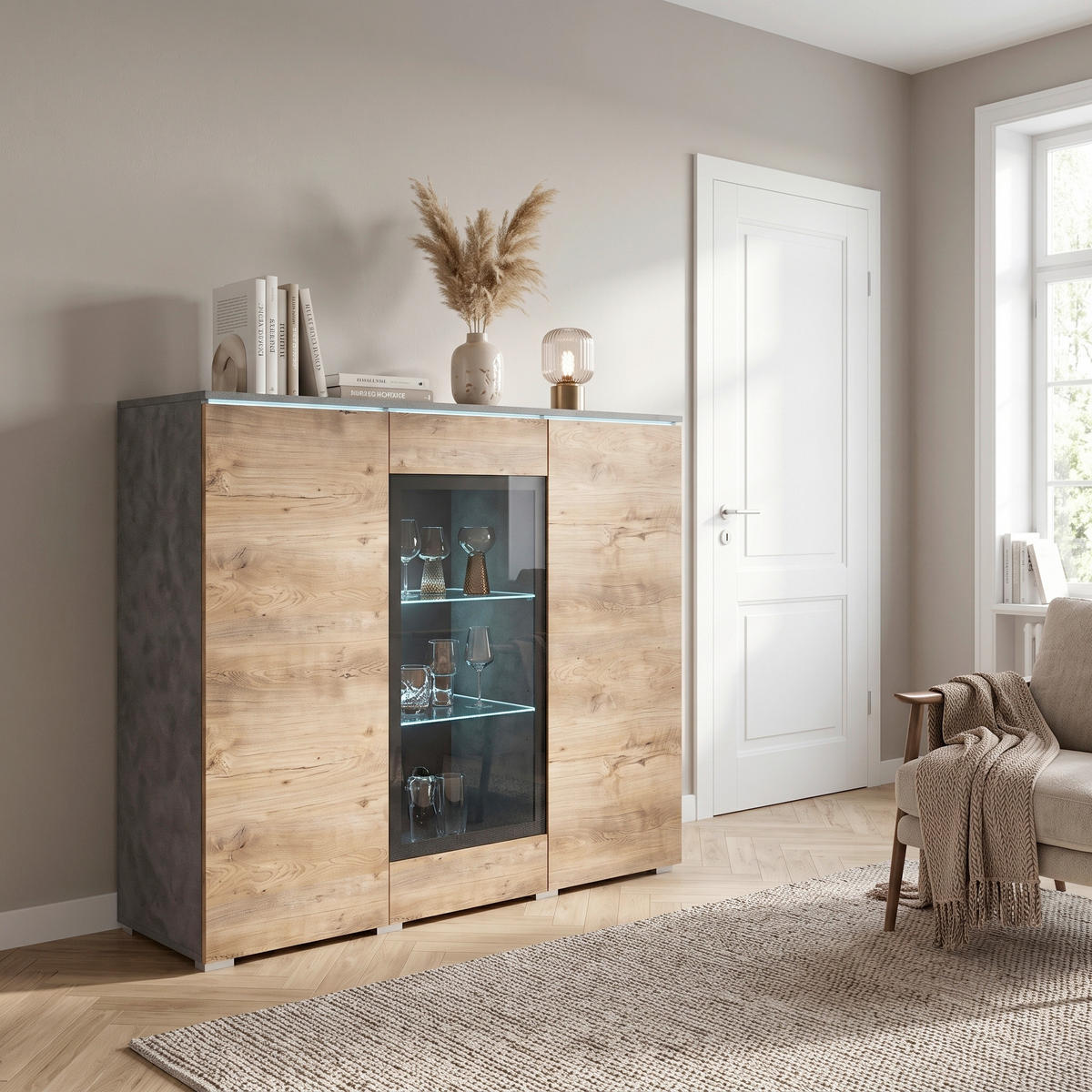 HIGHBOARD Vera 120/103,3/39,5 cm  - Kastanieneichefarben/Anthrazit, Trend, Glas/Holzwerkstoff (120/103,3/39,5cm) - P & B