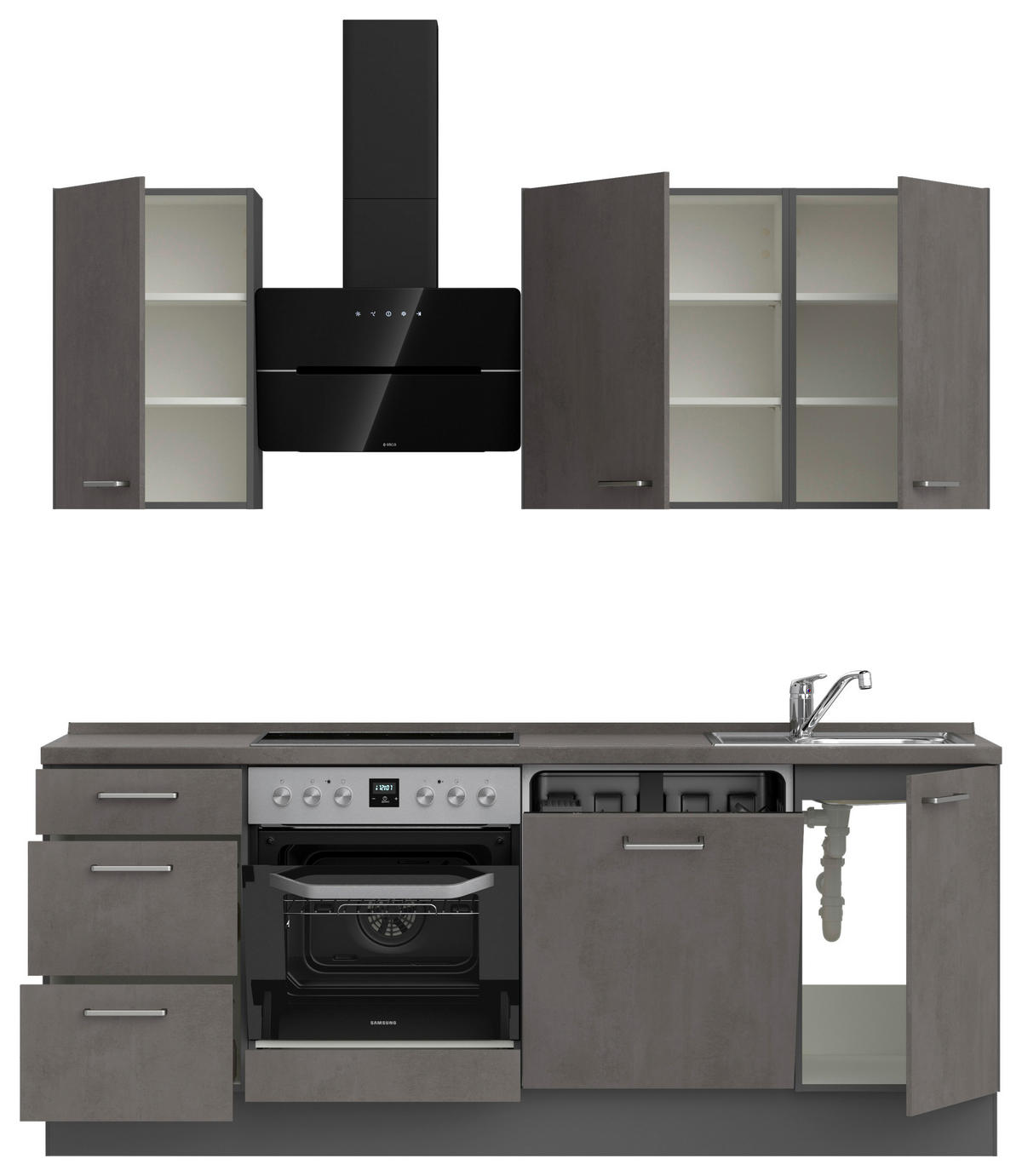 KÜCHENBLOCK 210 cm   in Schieferfarben  - Schieferfarben/Edelstahlfarben, MODERN, Holzwerkstoff/Metall (210cm) - Nobilia