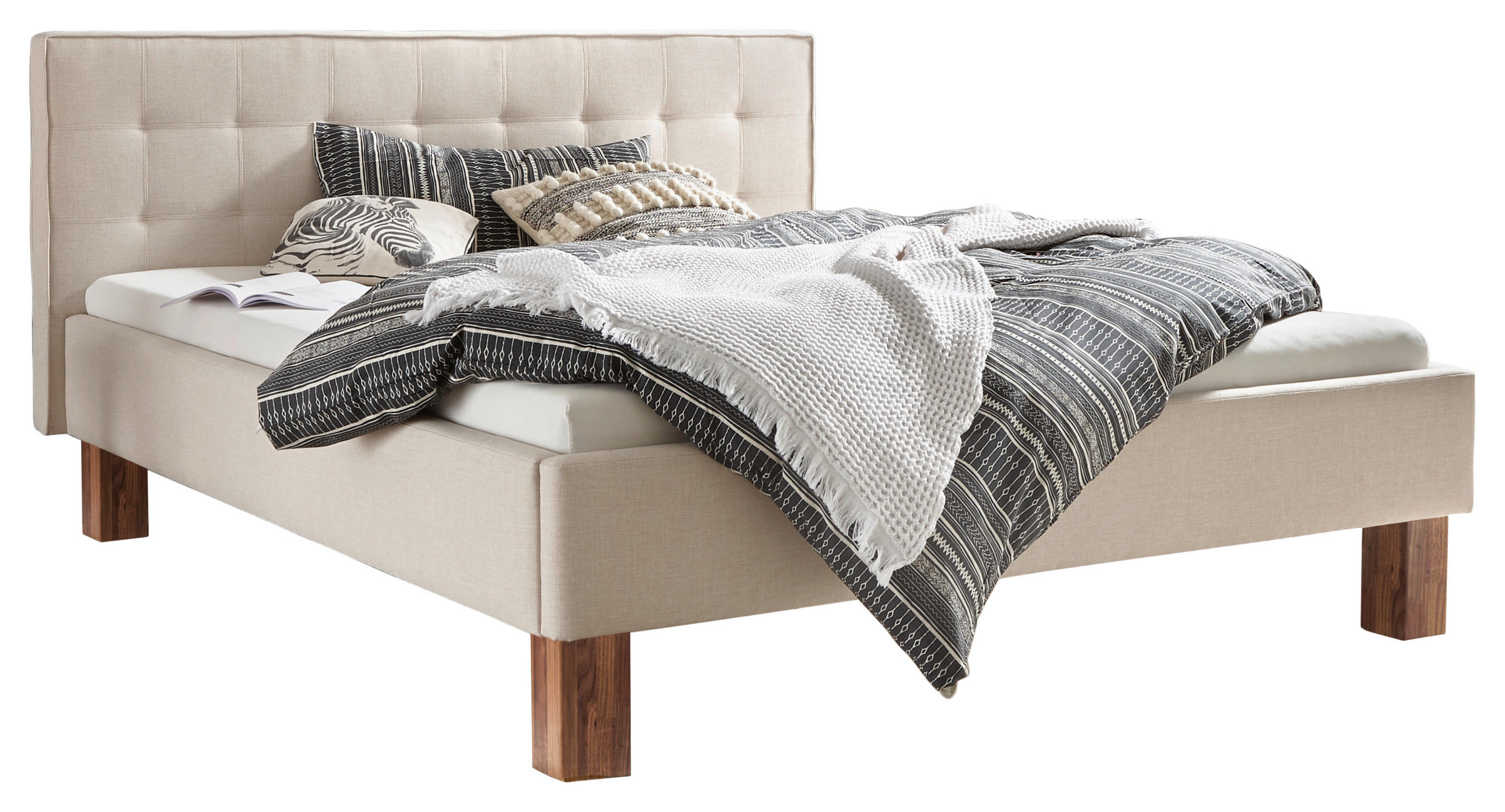 POLSTERBETT 140/200 cm,  in Nussbaumfarben, Beige, gepolstertes Kopfteil,  - Beige/Nussbaumfarben, KONVENTIONELL, Holz/Textil (140/200cm) - Hasena