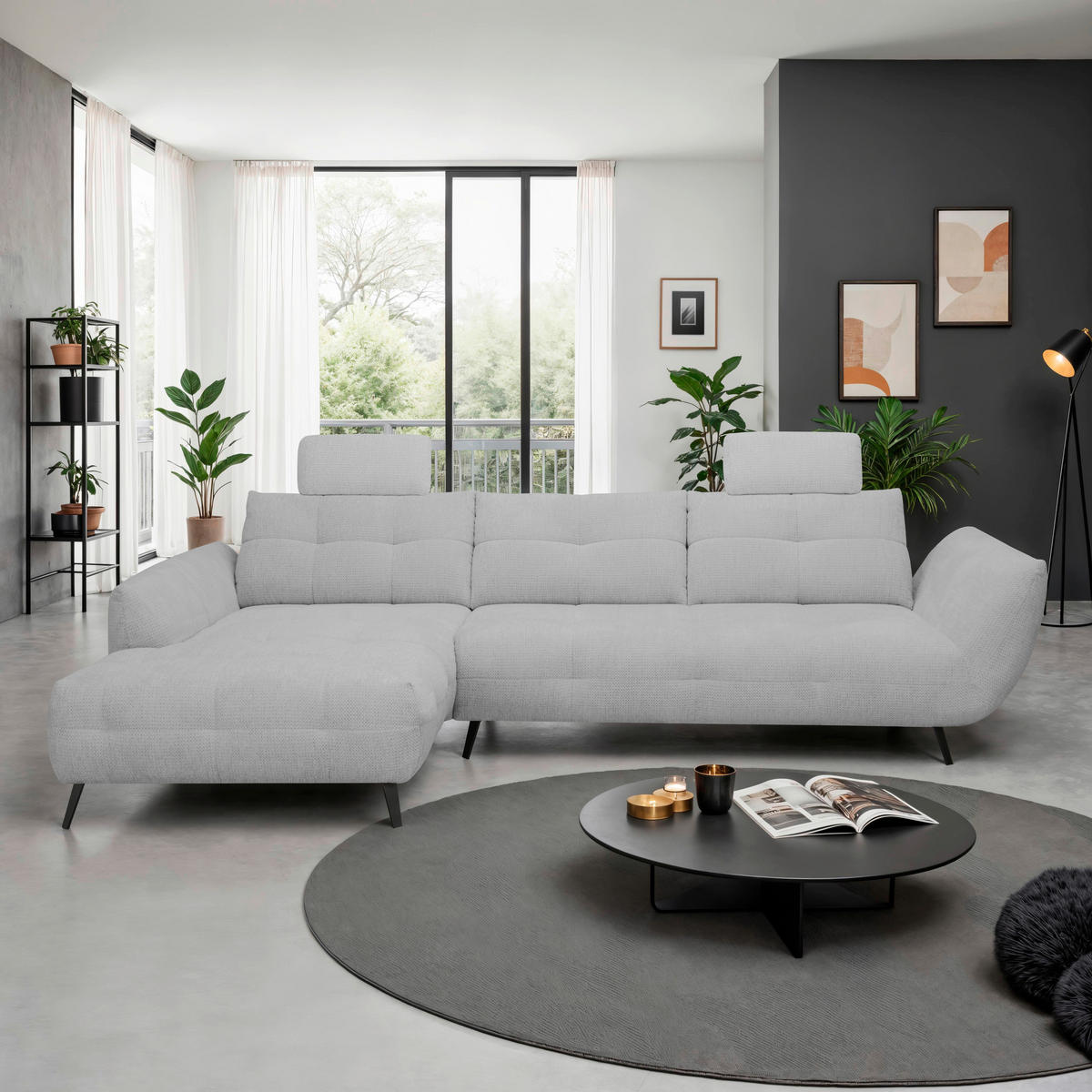 ECKSOFA Hellgrau Chenille Armlehnenkissen, Rücken echt, Sitztiefenverstellung  - Hellgrau/Schwarz, KONVENTIONELL, Textil/Metall (215/313cm) - Hom`in