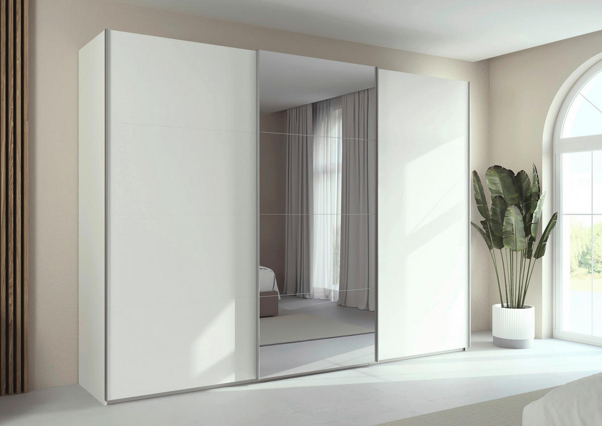 SCHWEBETÜRENSCHRANK 301/223/68 cm 3-türig Weiß  - Alufarben/Weiß, Basics, Glas/Holzwerkstoff (301/223/68cm) - Novel