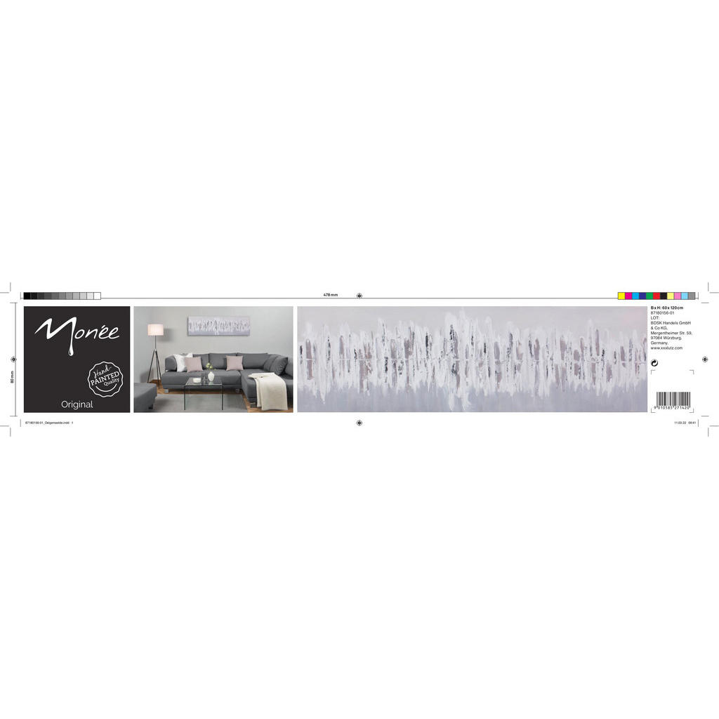 Thumbnail - Monee Ölgemälde, Grau, Silber, Weiß, Holz, Textil, Kiefer, massiv, rechteckig, 180x55 cm, handgemalt, Bilder und Zubehör...