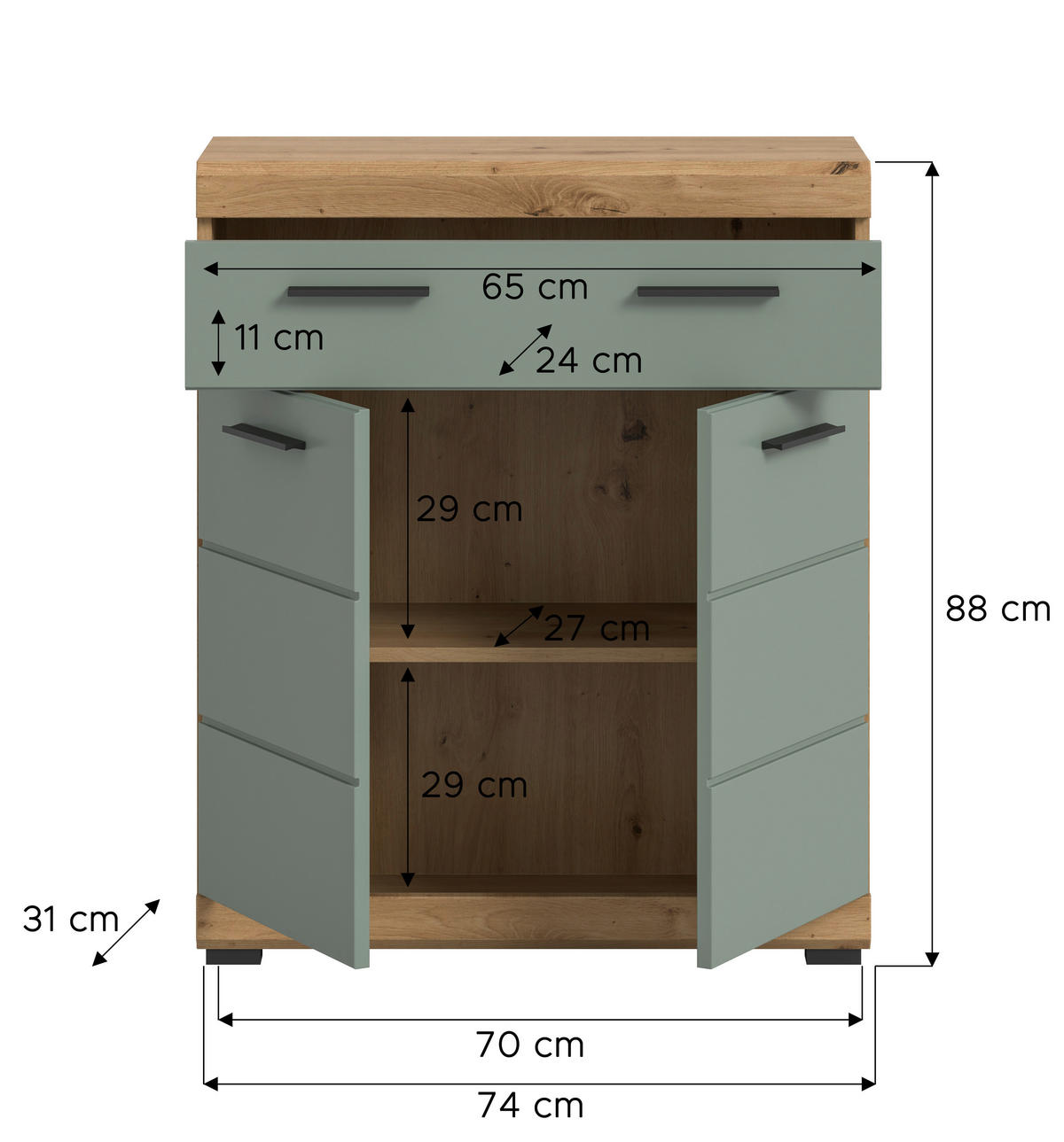 SREDNJE VISOKA OMARA 74/88/31 cm  - črna/barve hrasta, Moderno, umetna masa/leseni material (74/88/31cm) - MID.YOU
