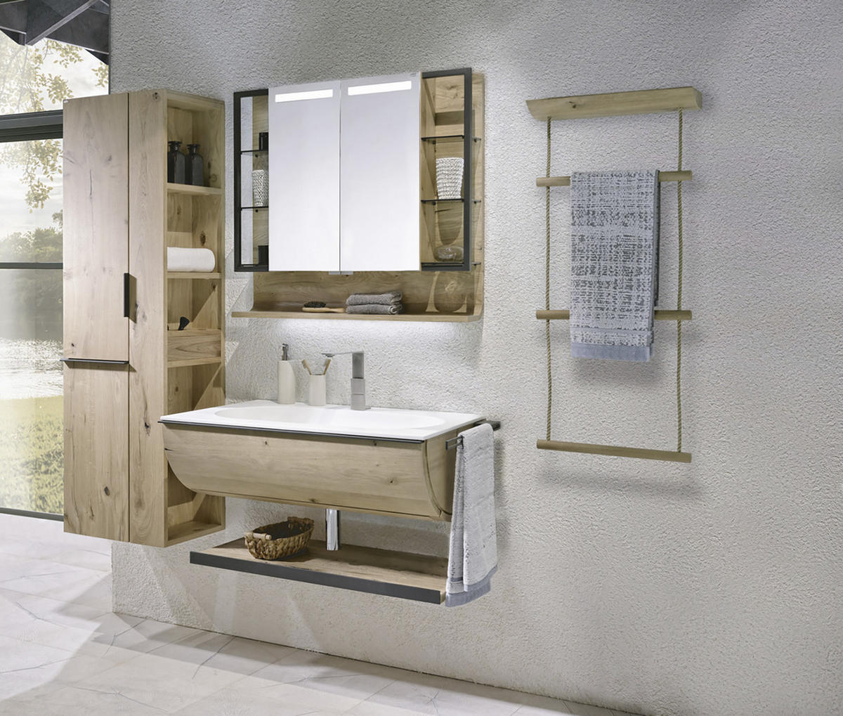 BADEZIMMER 4-teilig  in 96 cm  - Weiss/Eichefarben, Konventionell, Glas/Holz (96cm) - Voglauer